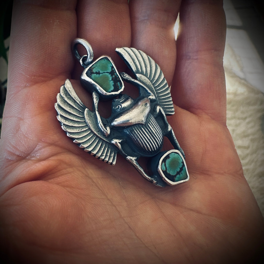 Sterling silver hallmarked scarab pendant with turquoise
