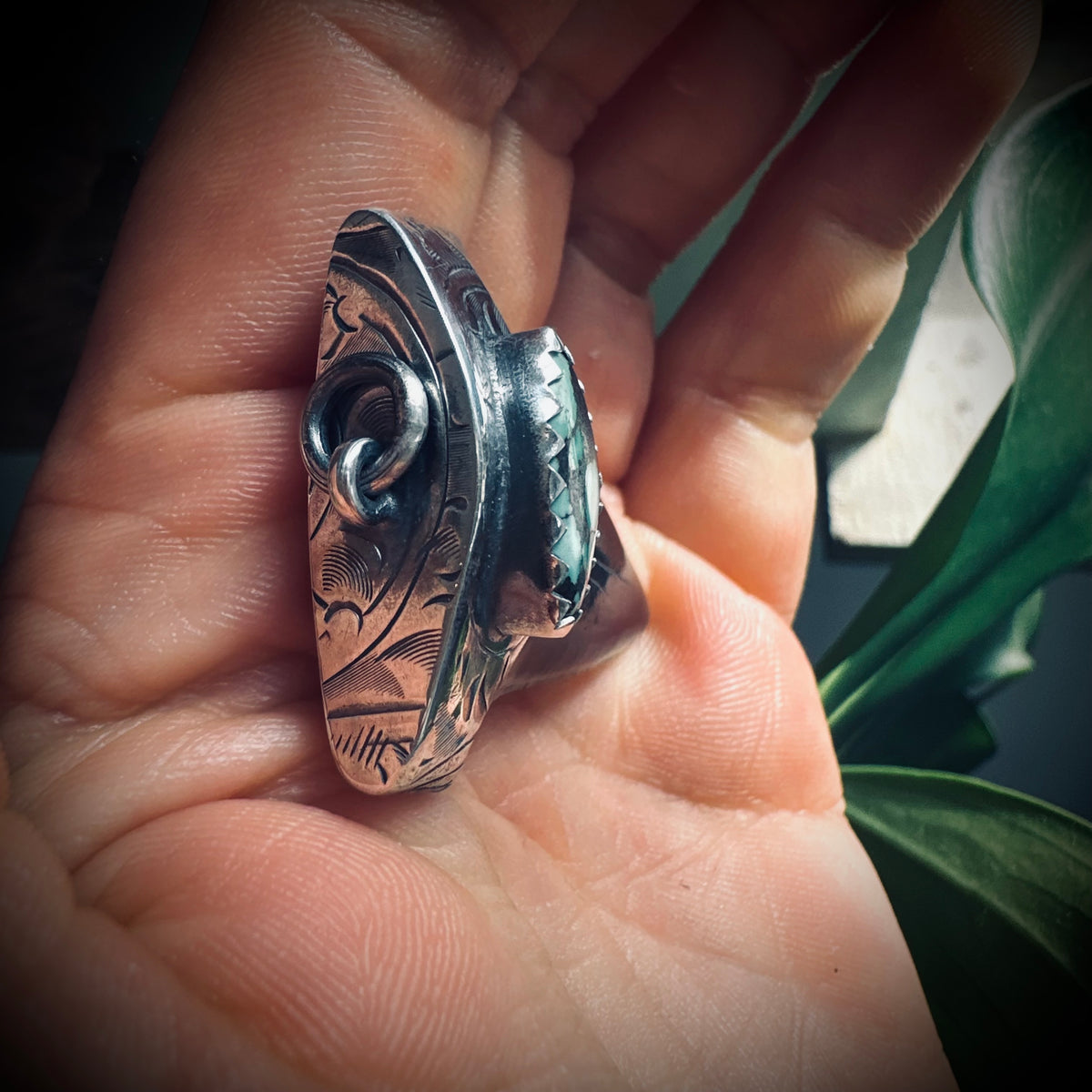 Sterling silver hallmarked fossilised shark tooth pendant with turquoise
