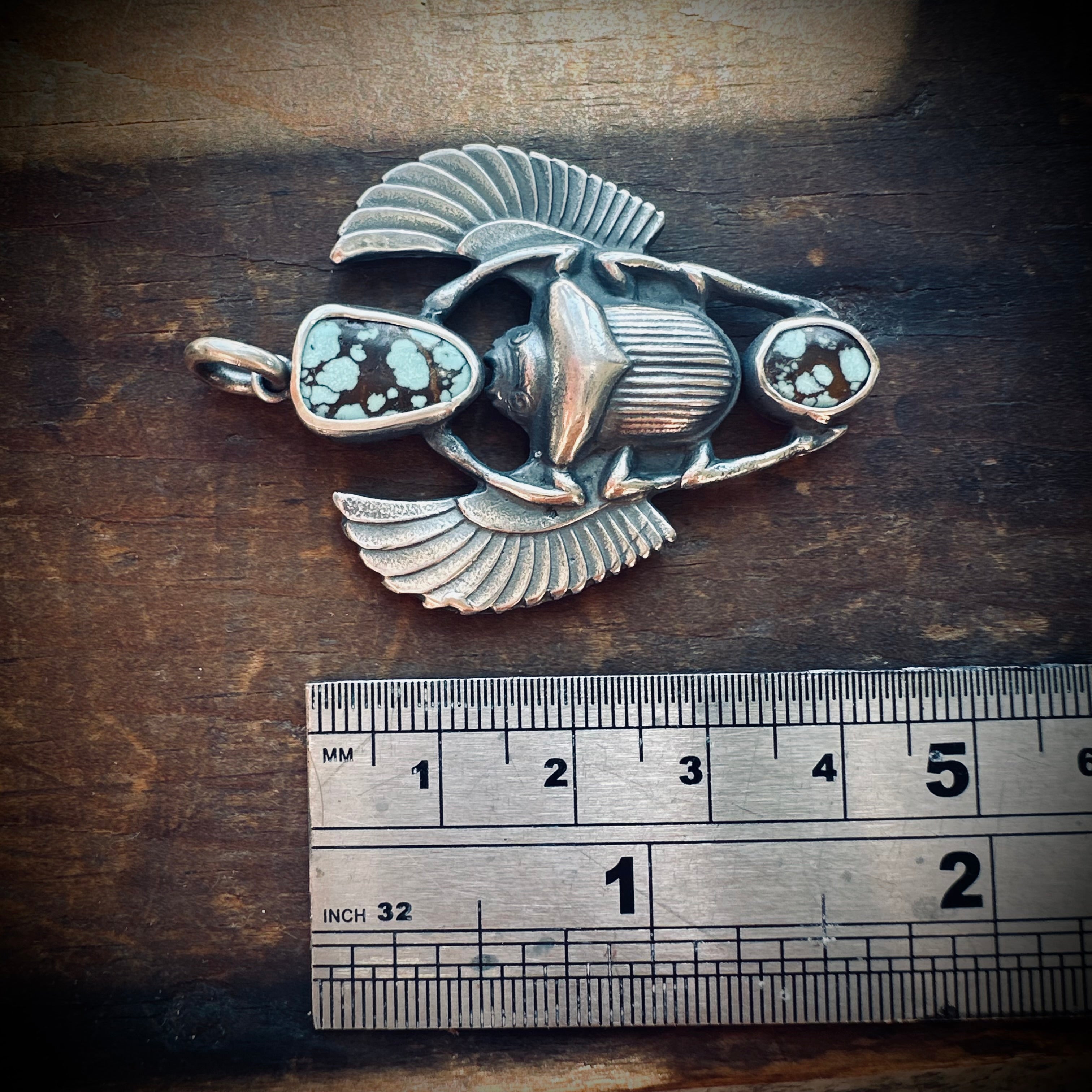 Sterling silver hallmarked scarab pendant with turquoise