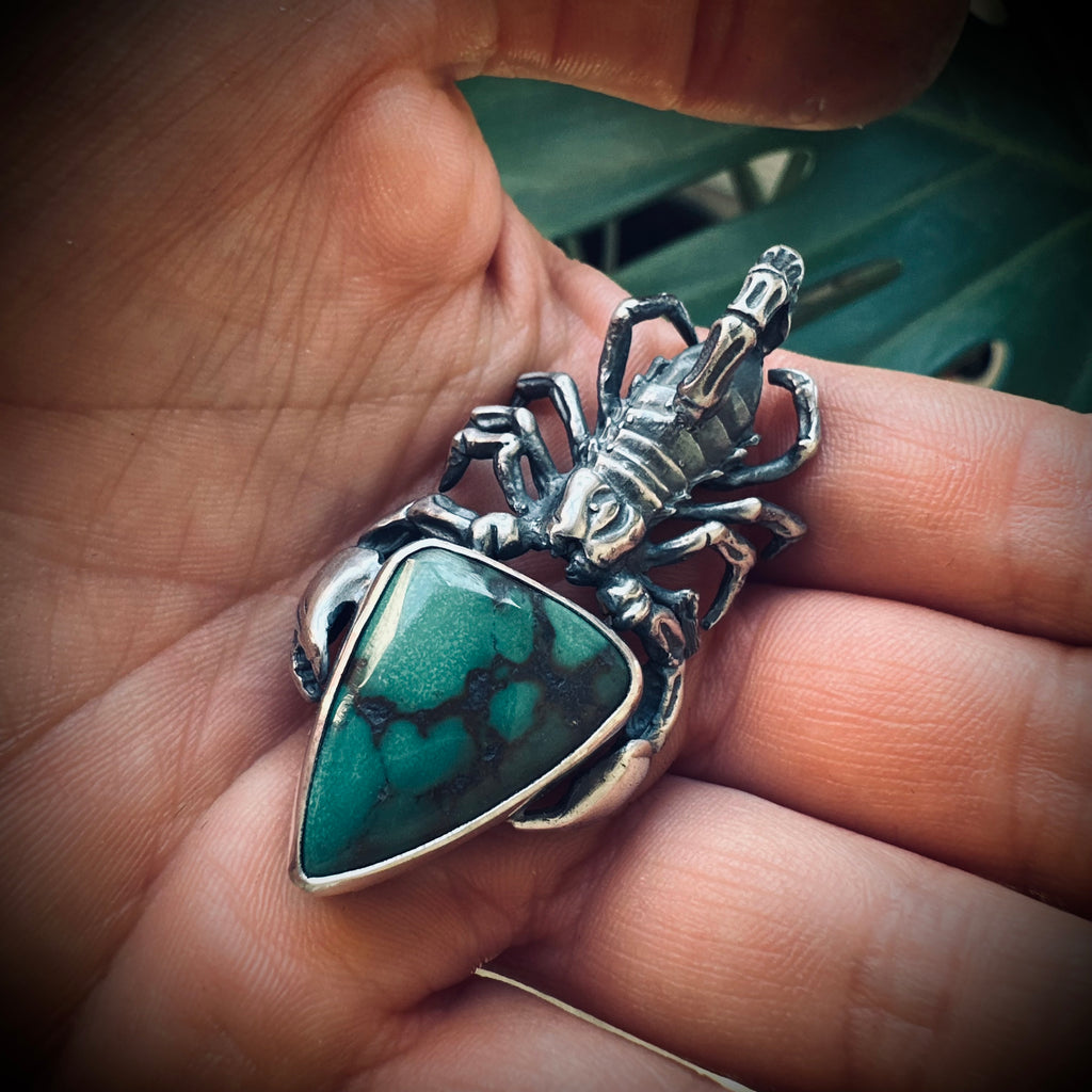 Sterling silver hallmarked scorpion pendant with turquoise
