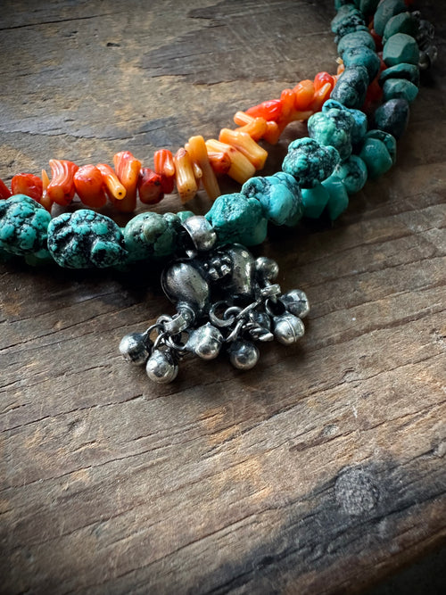 16” triple strand vintage turquoise and coral bead necklace with sterling silver accents and 2” extender