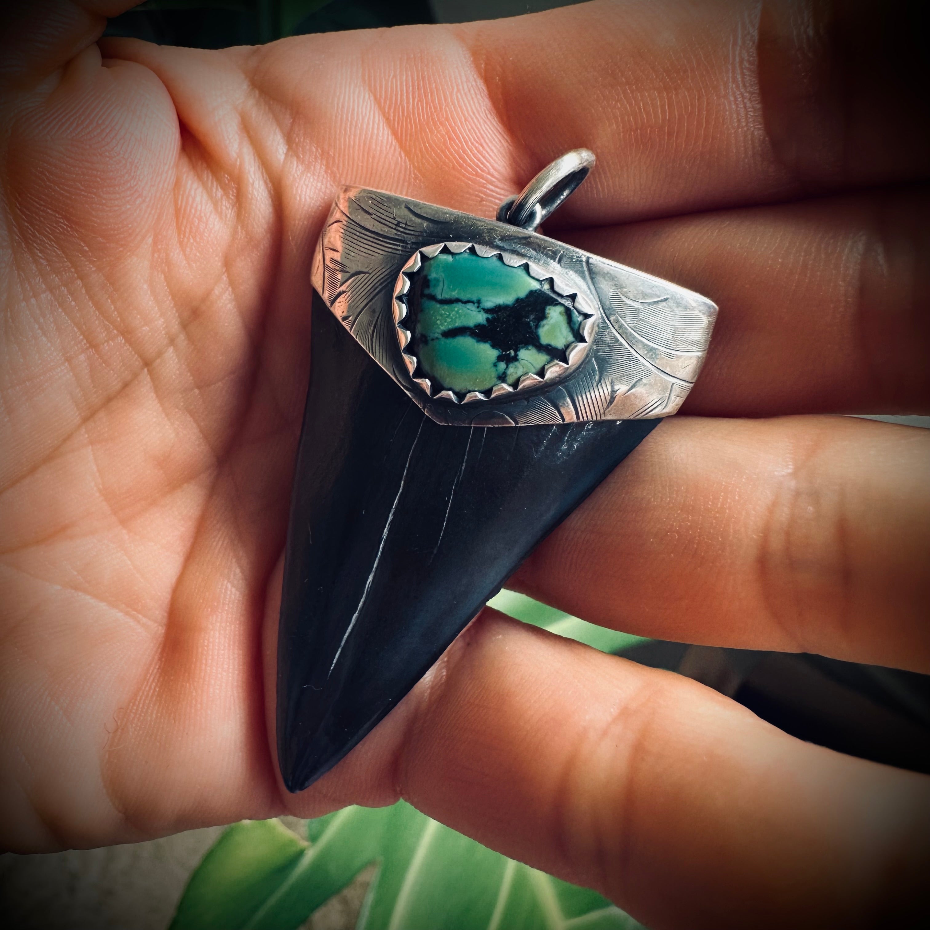 Fossilised shark tooth pendant in engraved hallmarked sterling silver