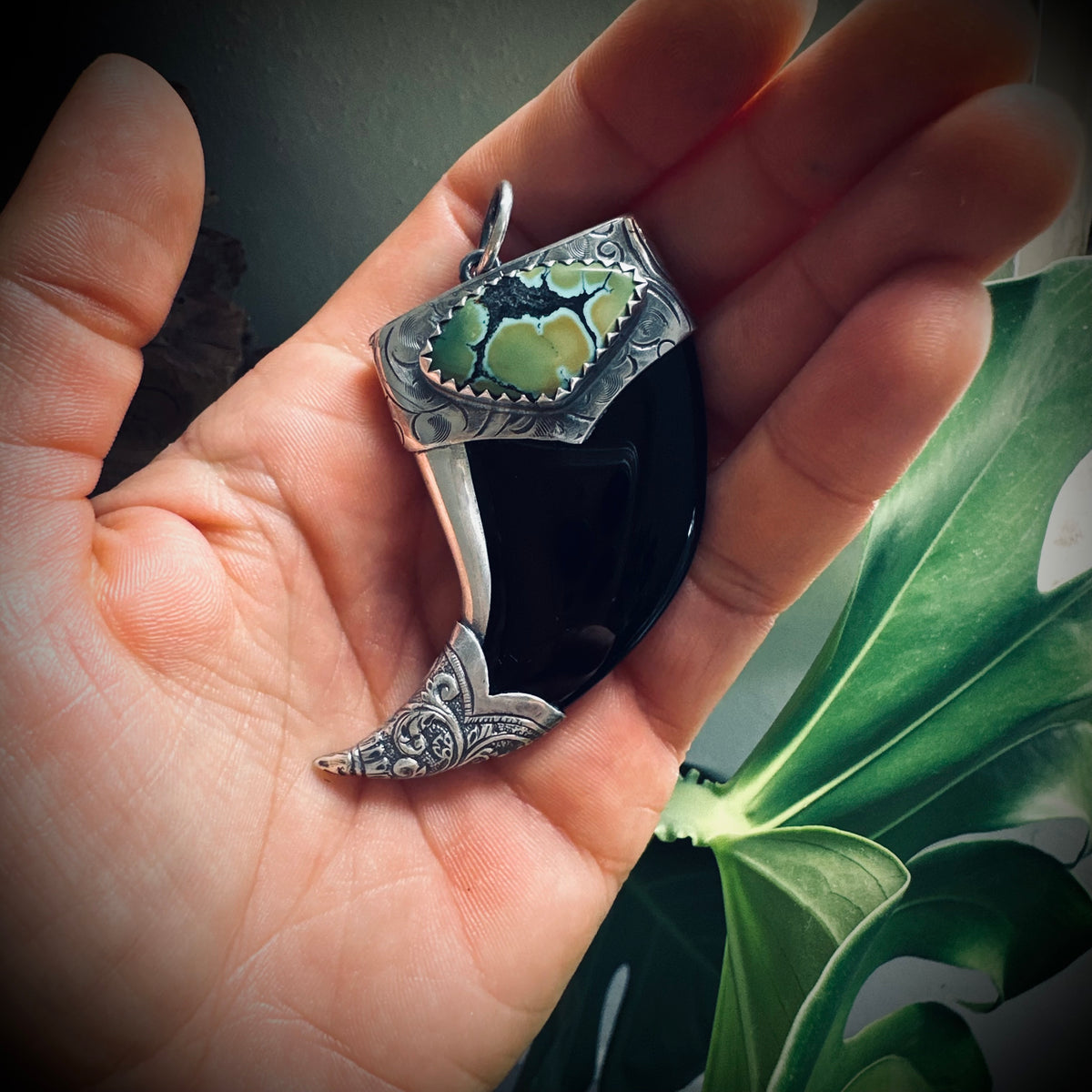 XL Hallmarked sterling silver and turquoise claw pendant in black onyx