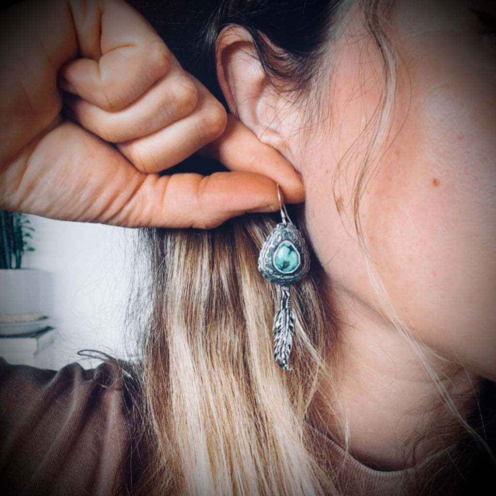 Vintage large statement feather earrings with turquoise in sterling silver
