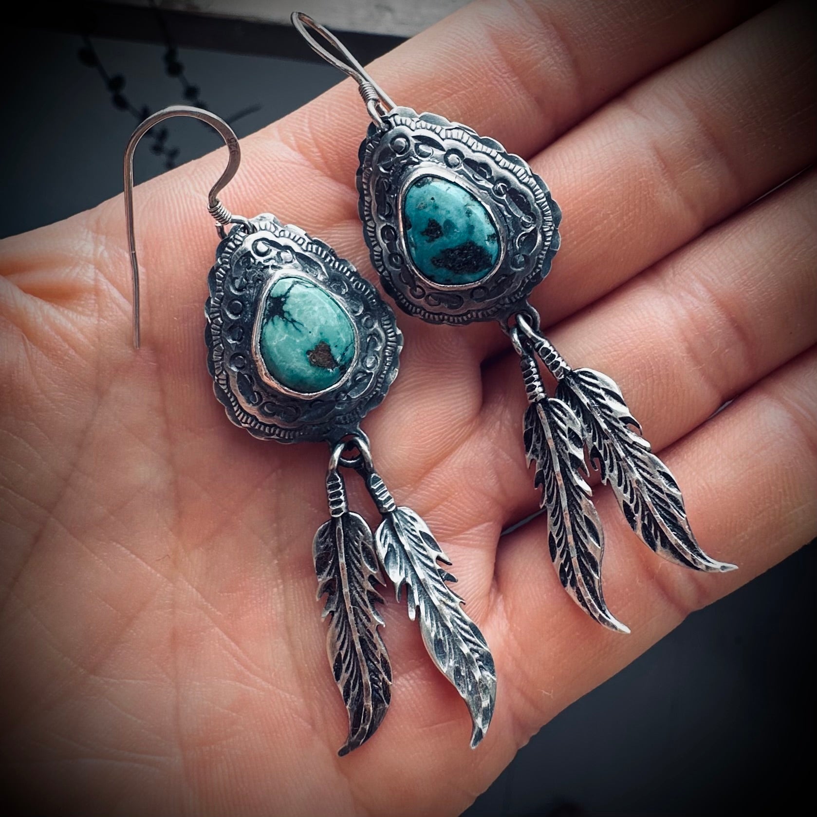 Vintage large statement feather earrings with turquoise in sterling silver