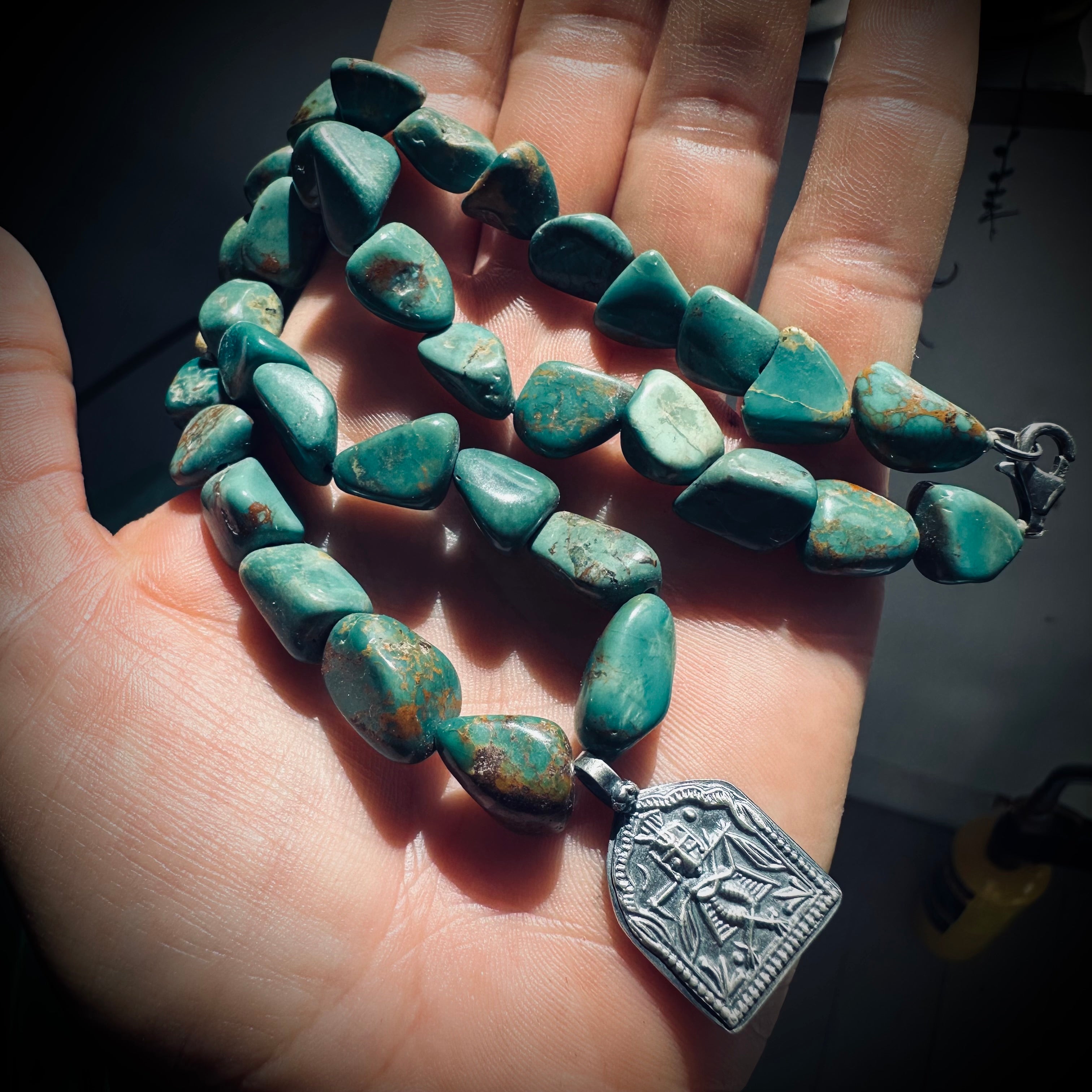 15” reworked chunky turquoise bead necklace with spiritual talisman in sterling silver