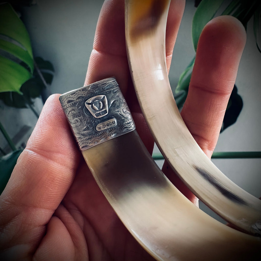 8” reworked butterscotch horn bangle in hallmarked engraved sterling silver