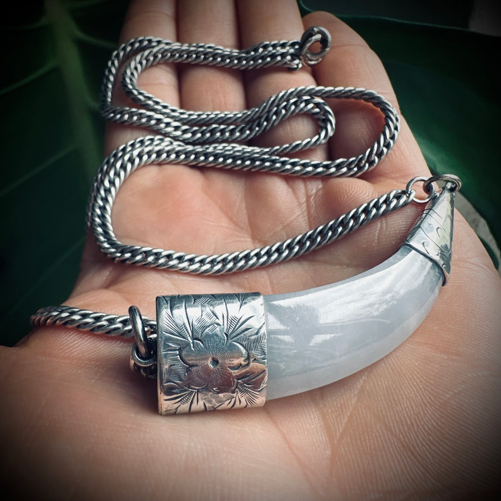 2” grey agate “tusk” on 20” antique guard chain in sterling silver