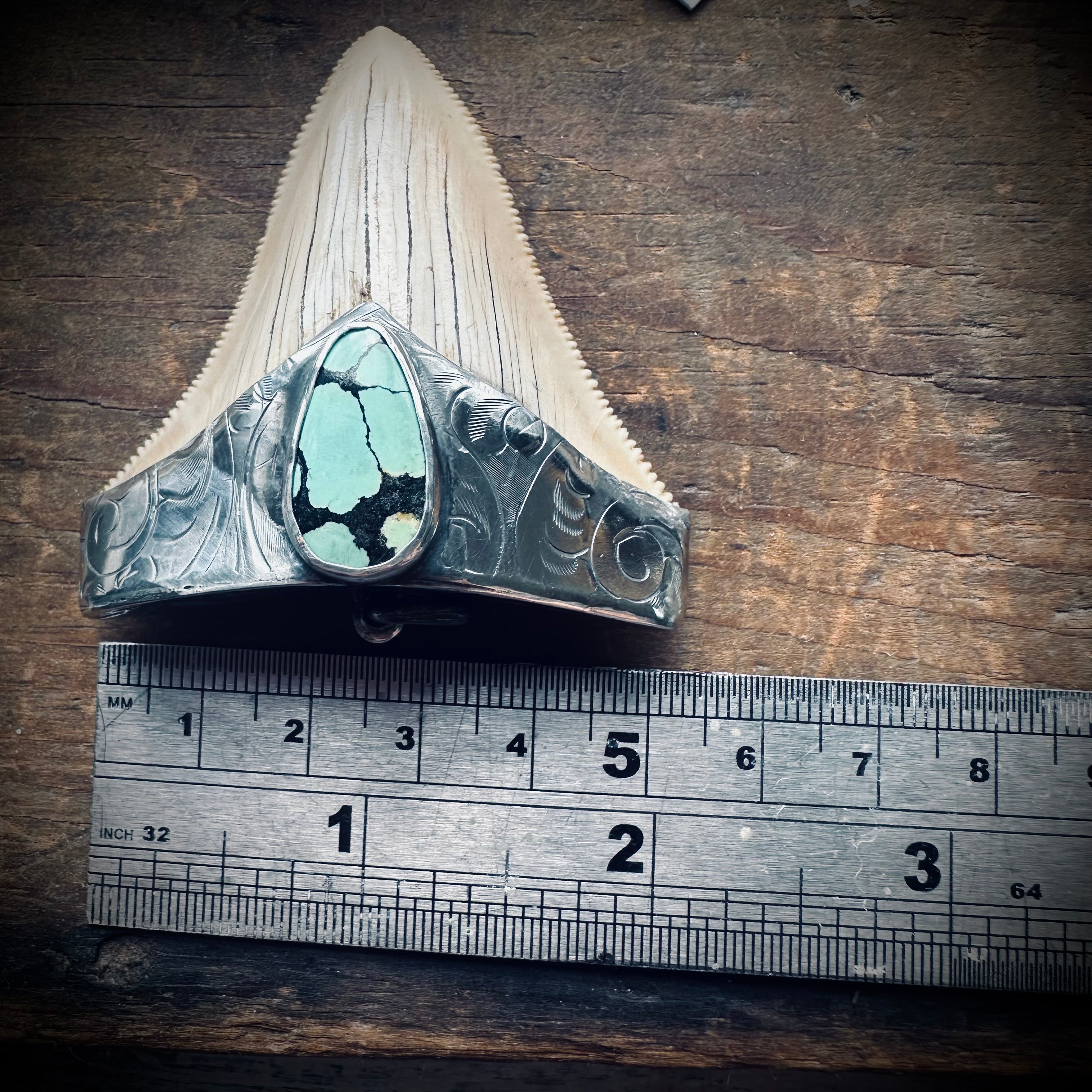 Sterling silver hallmarked fossil shark tooth pendant with turquoise