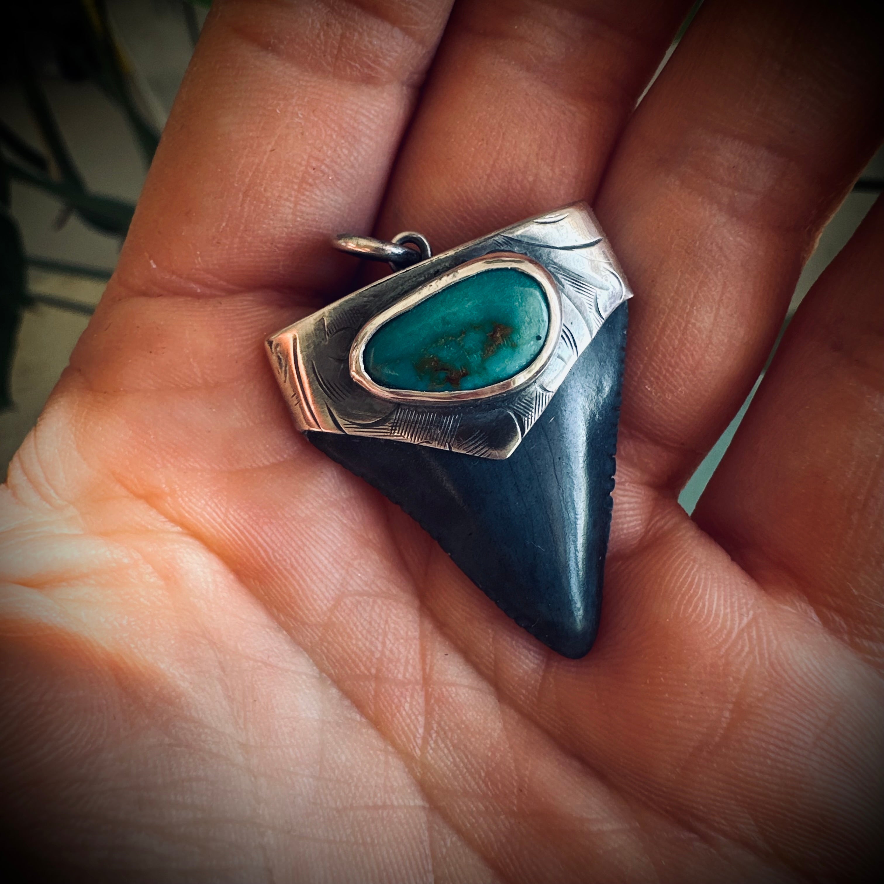 Sterling silver hallmarked fossil shark tooth pendant with turquoise