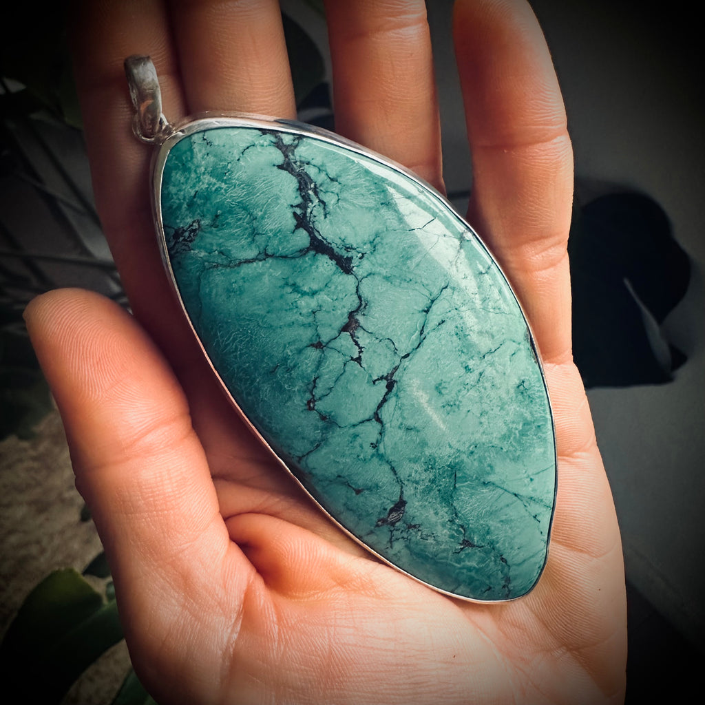 XL vintage freeform turquoise slab pendant in open backed sterling silver setting