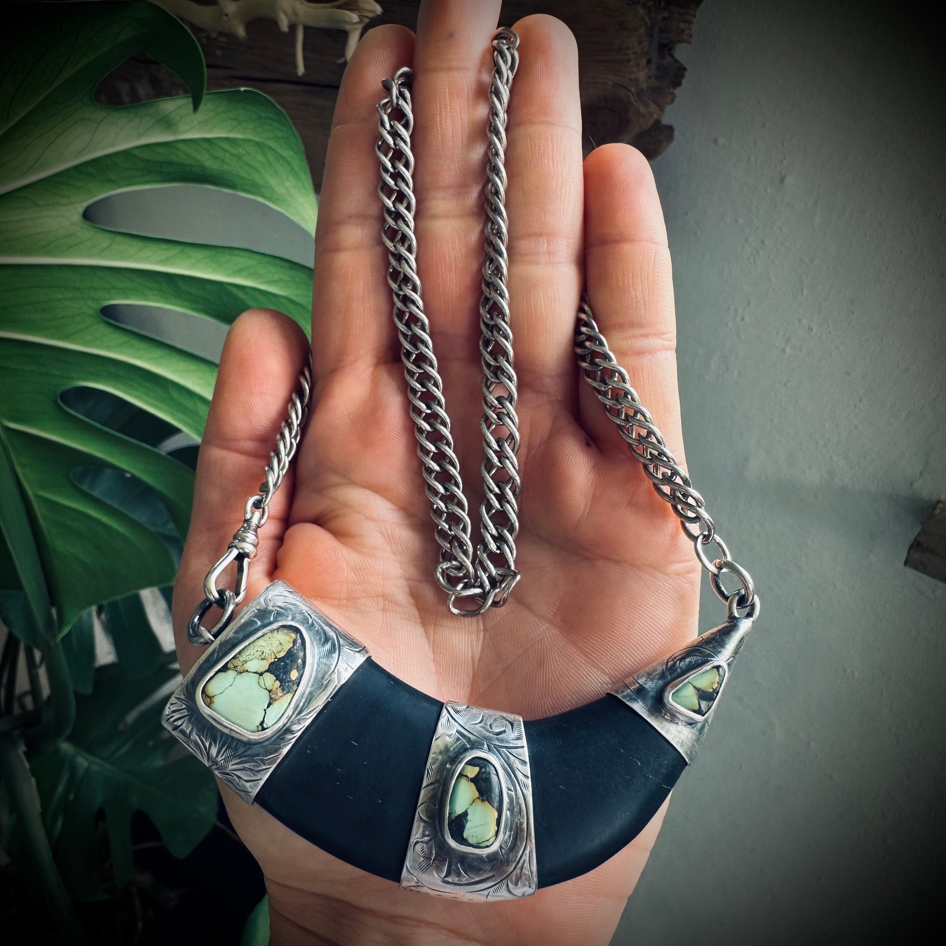 20” onyx tusk necklace in hallmarked sterling silver with turquoise and vintage chain
