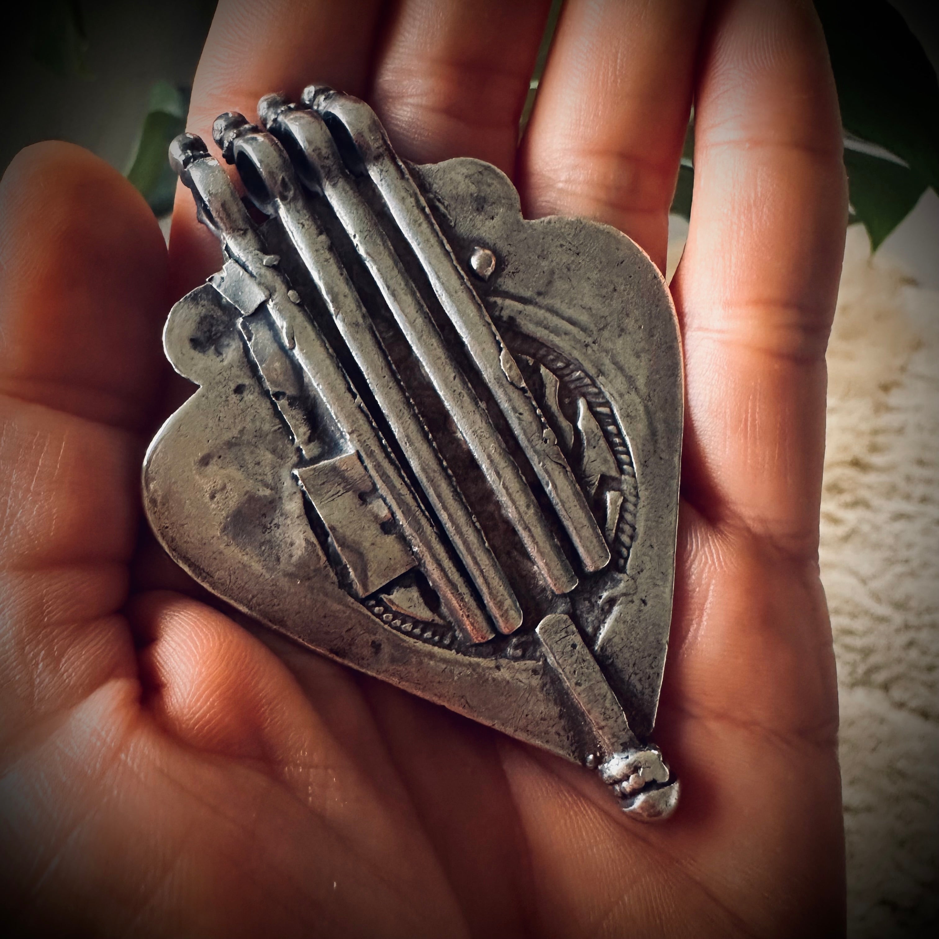 Large vintage Indian talisman pendant with turquoise in sterling silver