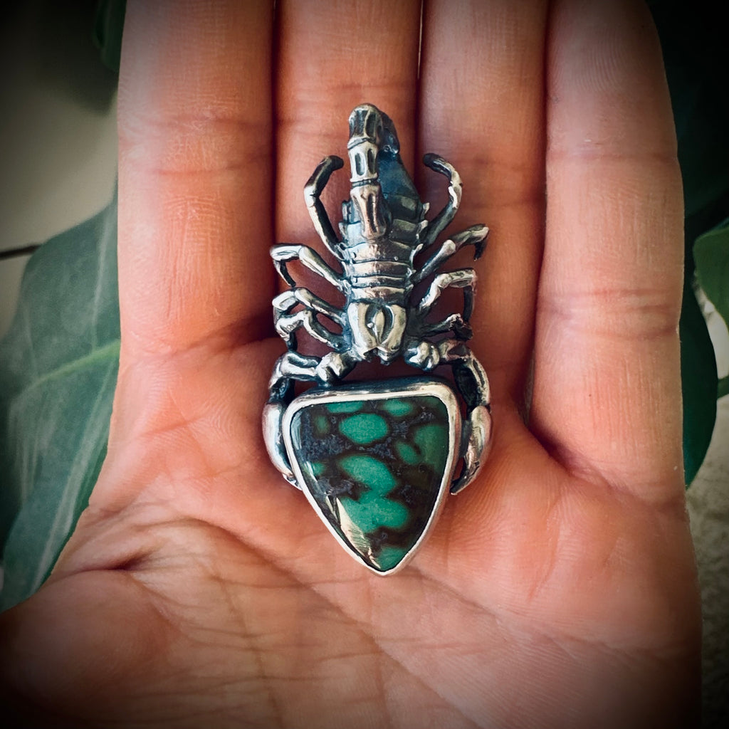 Sterling silver hallmarked scorpion pendant with turquoise