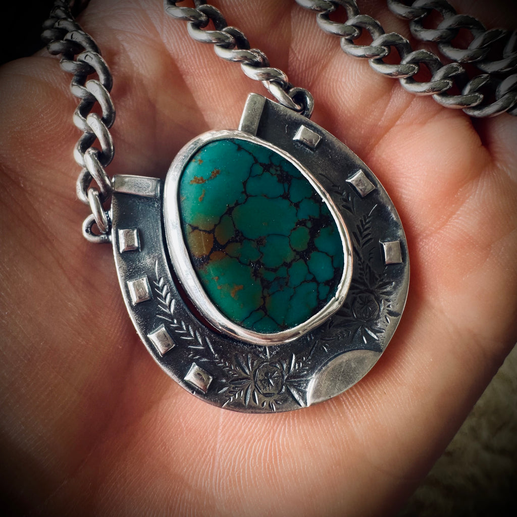 Sterling silver hallmarked lucky horseshoe necklace with turquoise and 24” antique heavy chain