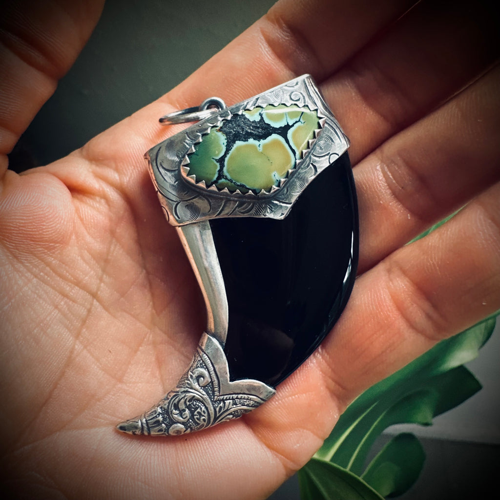 XL Hallmarked sterling silver and turquoise claw pendant in black onyx