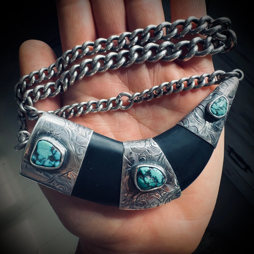 Sterling silver hallmarked black horn style necklace with reclaimed nugget turquoise and antique heavy albert chain - 17 1/2” total length