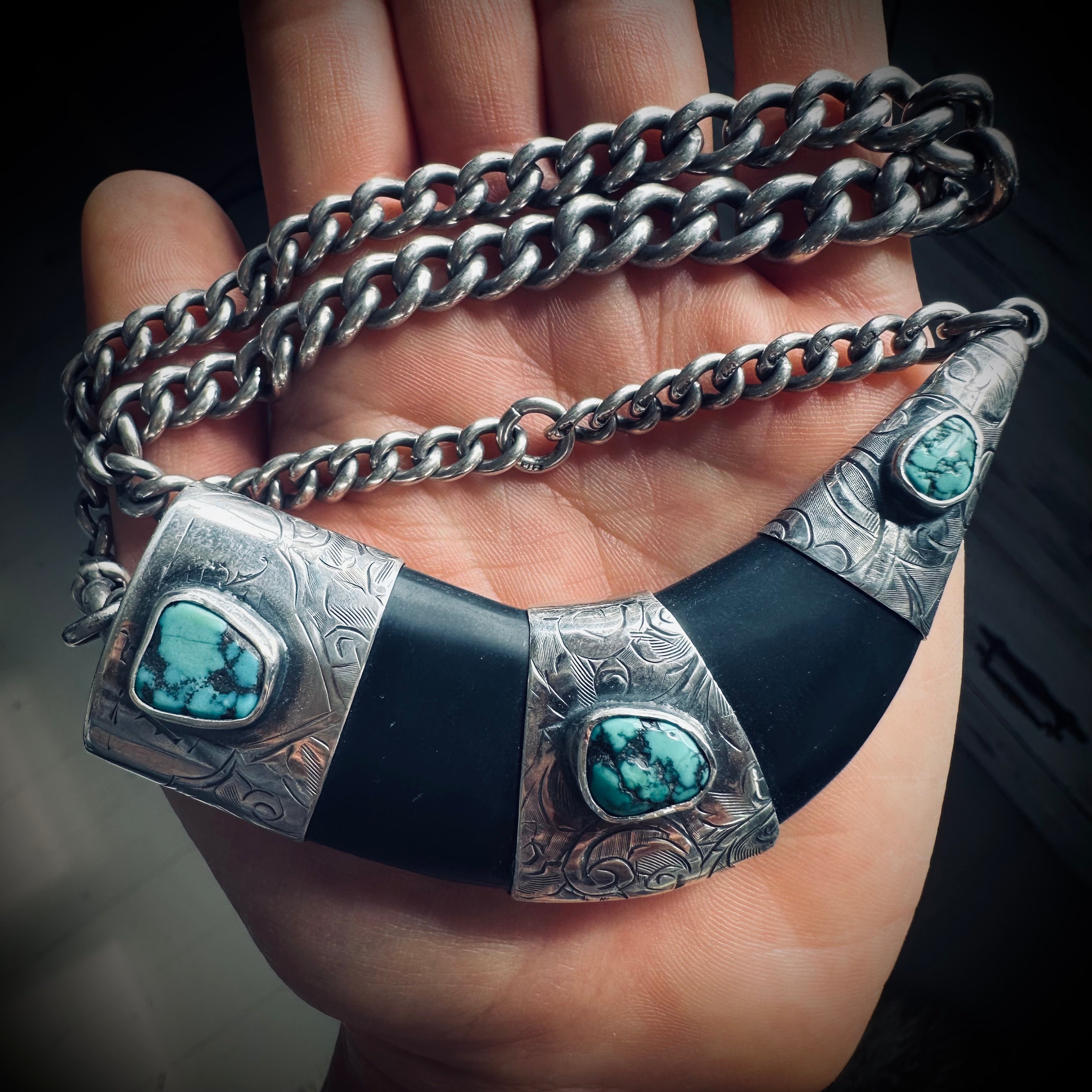 Sterling silver hallmarked black horn style necklace with reclaimed nugget turquoise and antique heavy albert chain - 17 1/2” total length