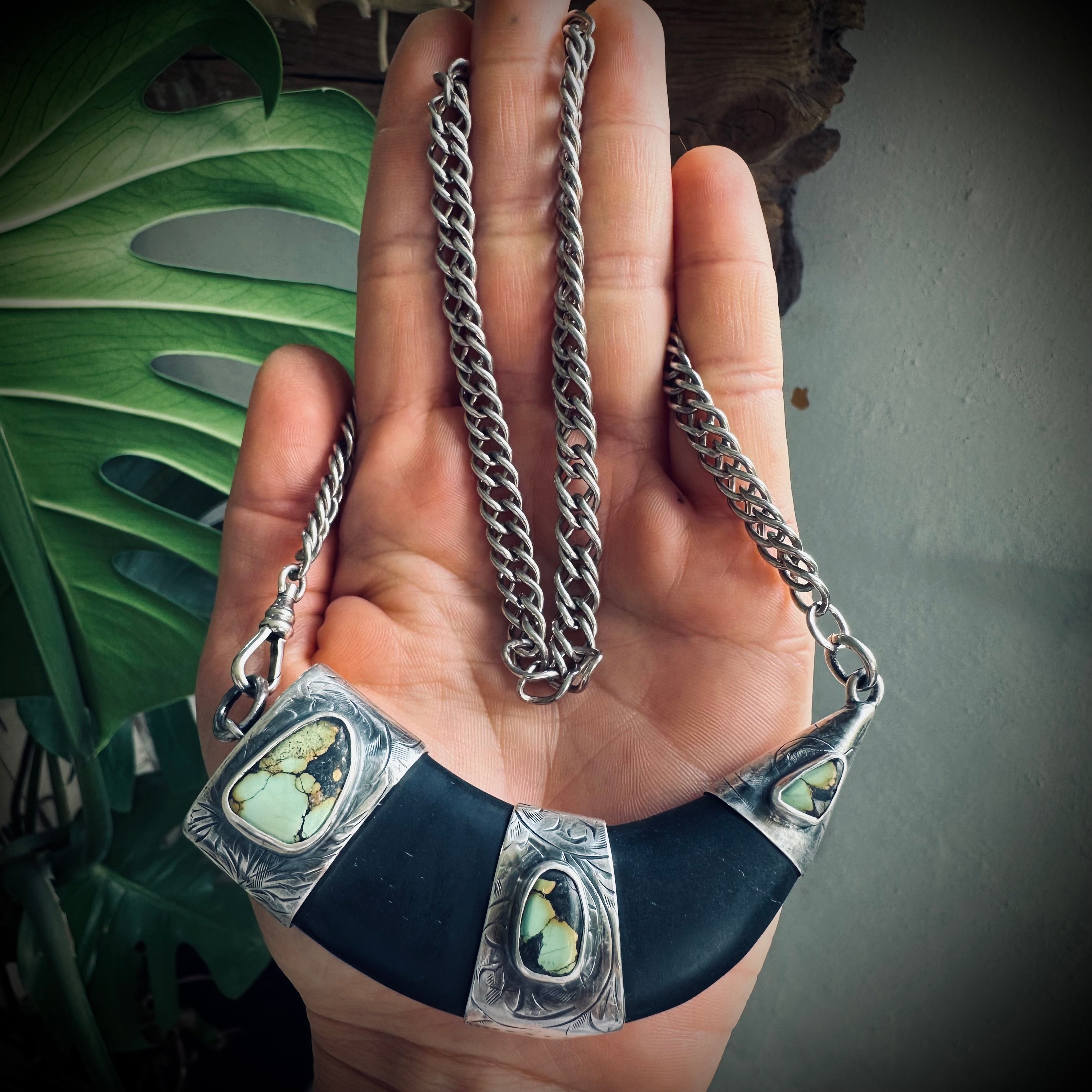 20” onyx tusk necklace in hallmarked sterling silver with turquoise and vintage chain