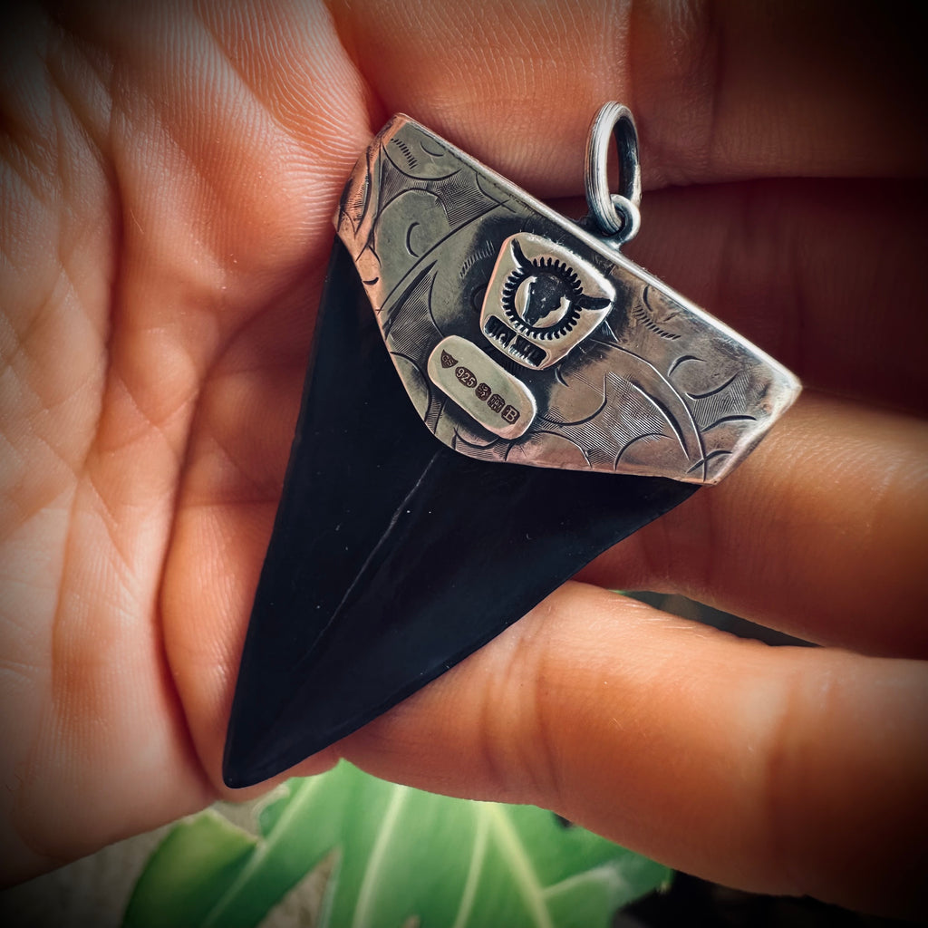 Fossilised shark tooth pendant in engraved hallmarked sterling silver
