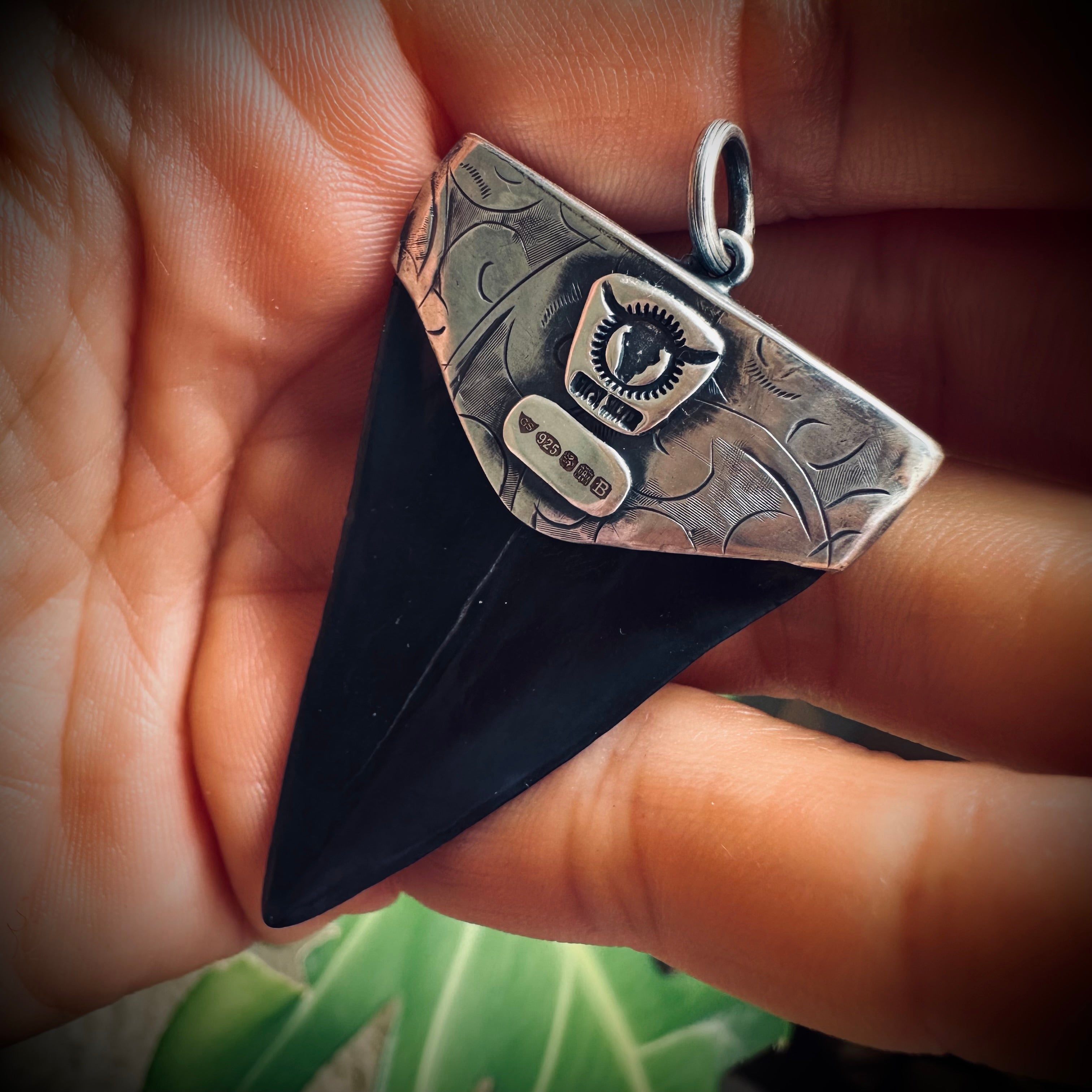 Fossilised shark tooth pendant in engraved hallmarked sterling silver