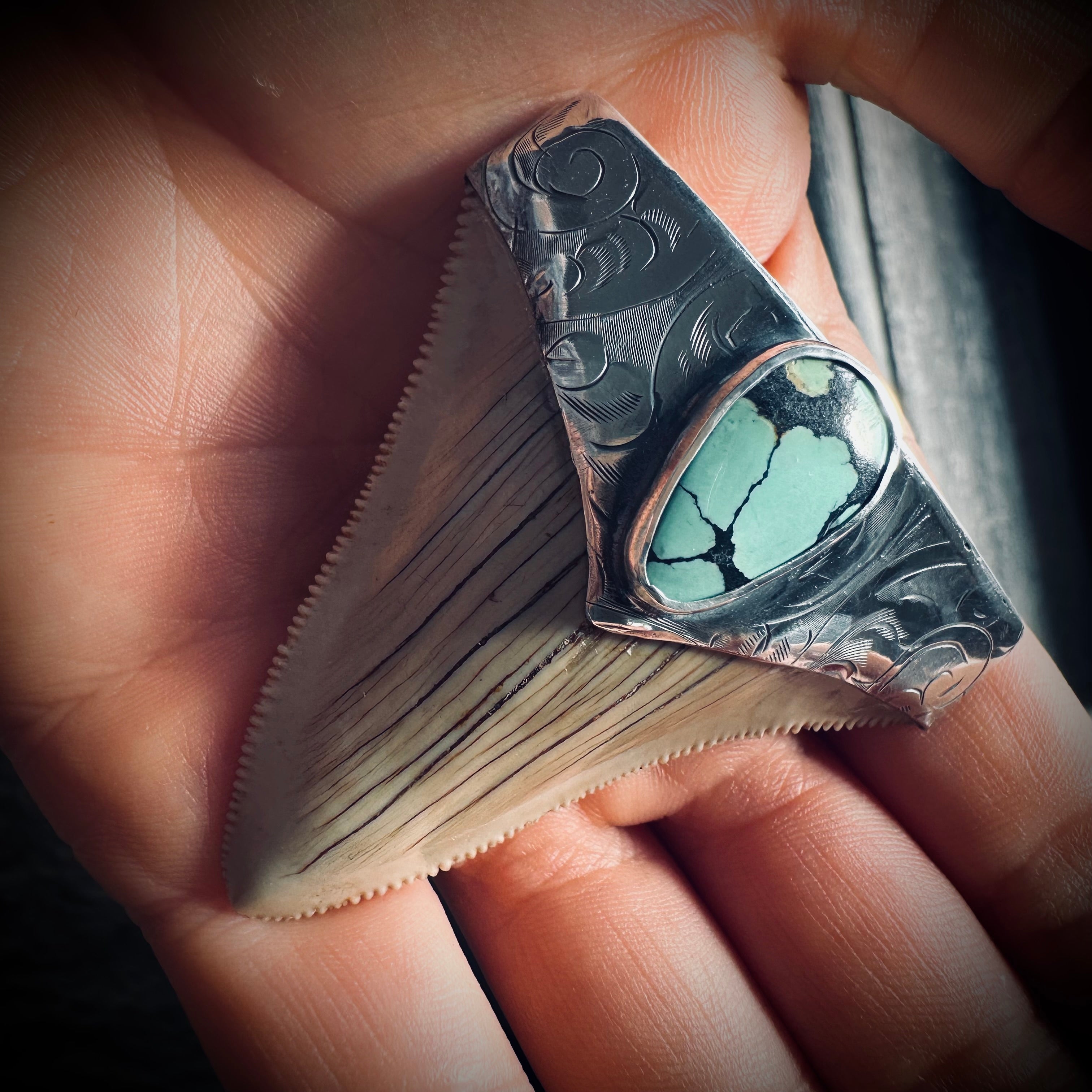 Sterling silver hallmarked fossil shark tooth pendant with turquoise