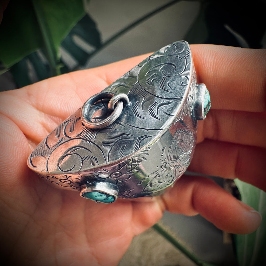 Fossilised shark tooth pendant in engraved hallmarked sterling silver