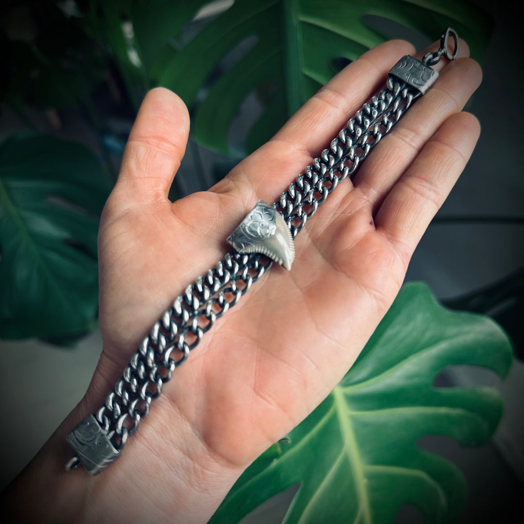 7.5” reworked double chain fossilised tooth bracelet in hallmarked engraved sterling silver with antique clip