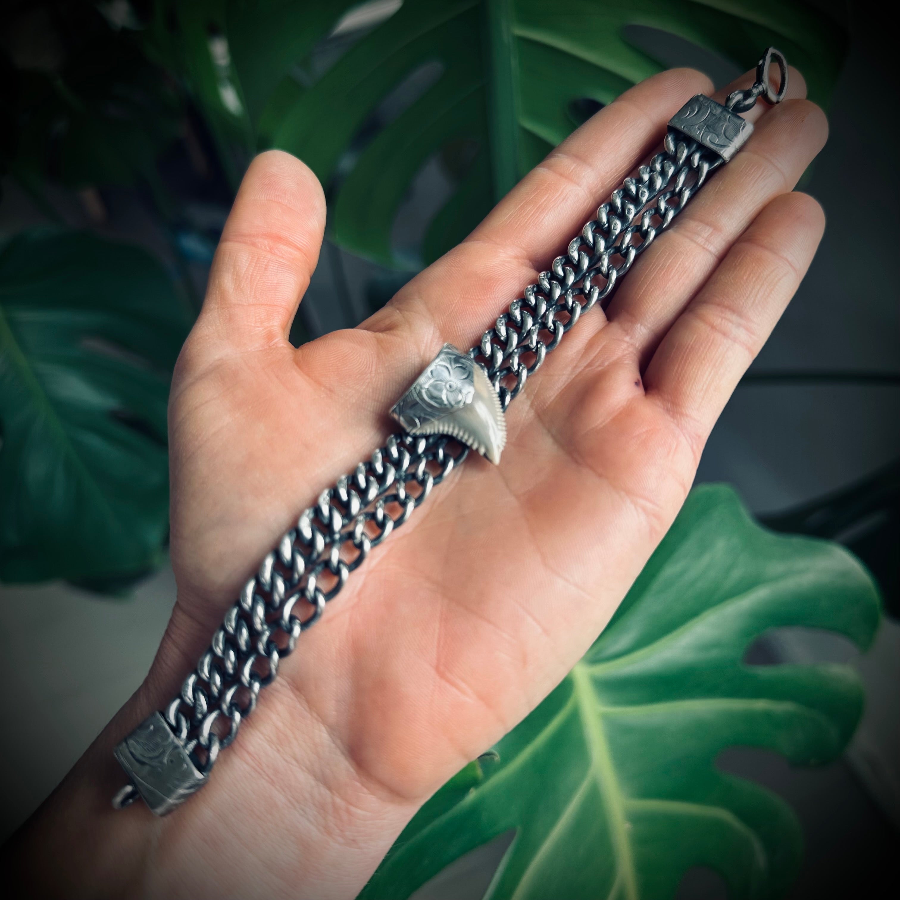 7.5” reworked double chain fossilised tooth bracelet in hallmarked engraved sterling silver with antique clip