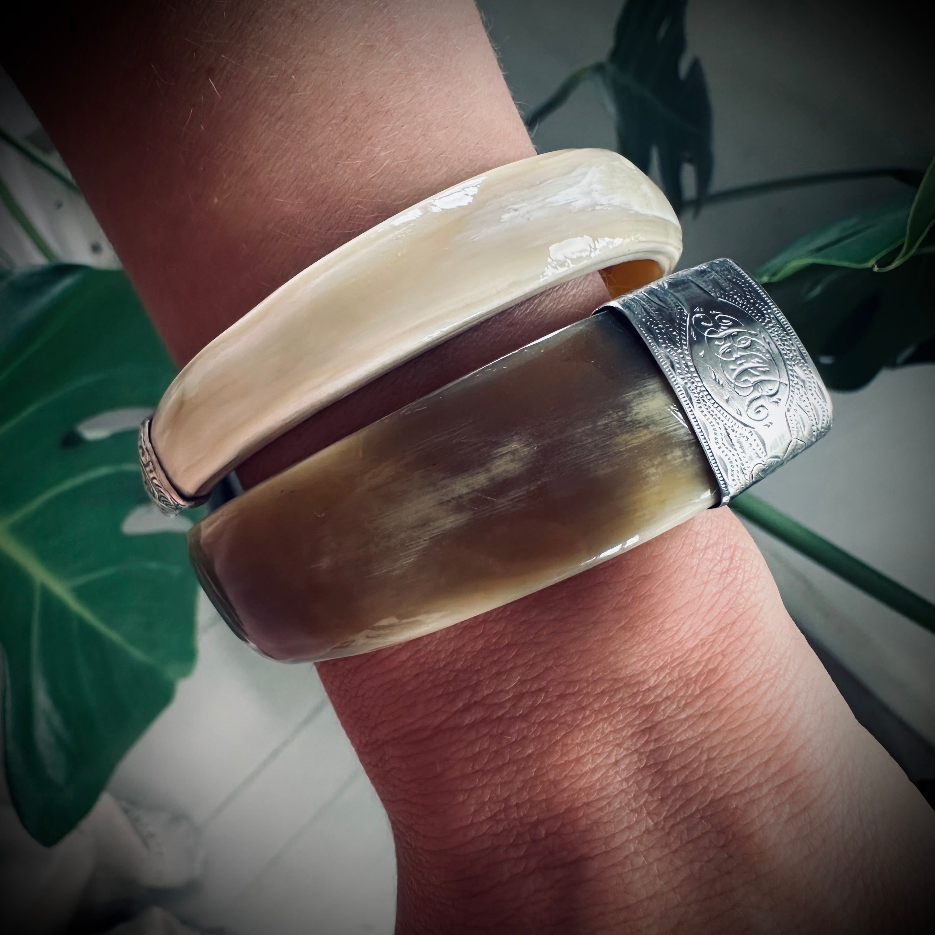8” reworked butterscotch horn bangle in hallmarked engraved sterling silver
