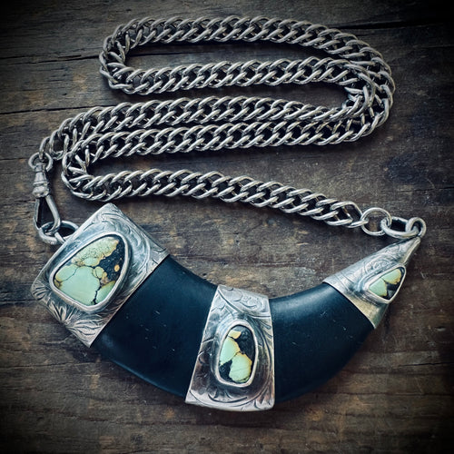 20” onyx tusk necklace in hallmarked sterling silver with turquoise and vintage chain