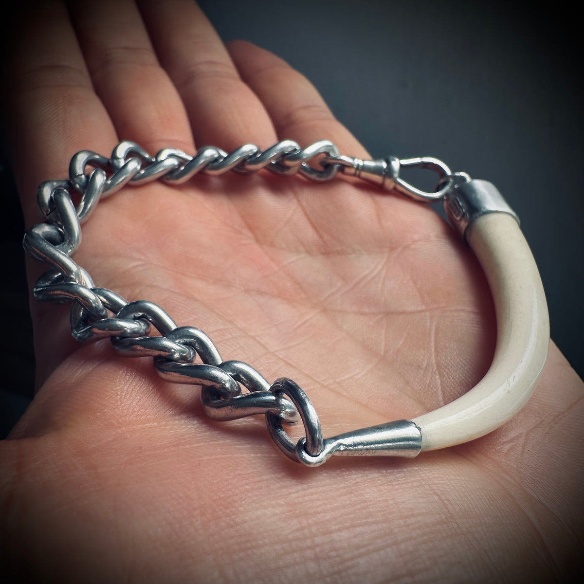 8.5” handmade sterling chain and bone “tusk” bracelet with Albert clip