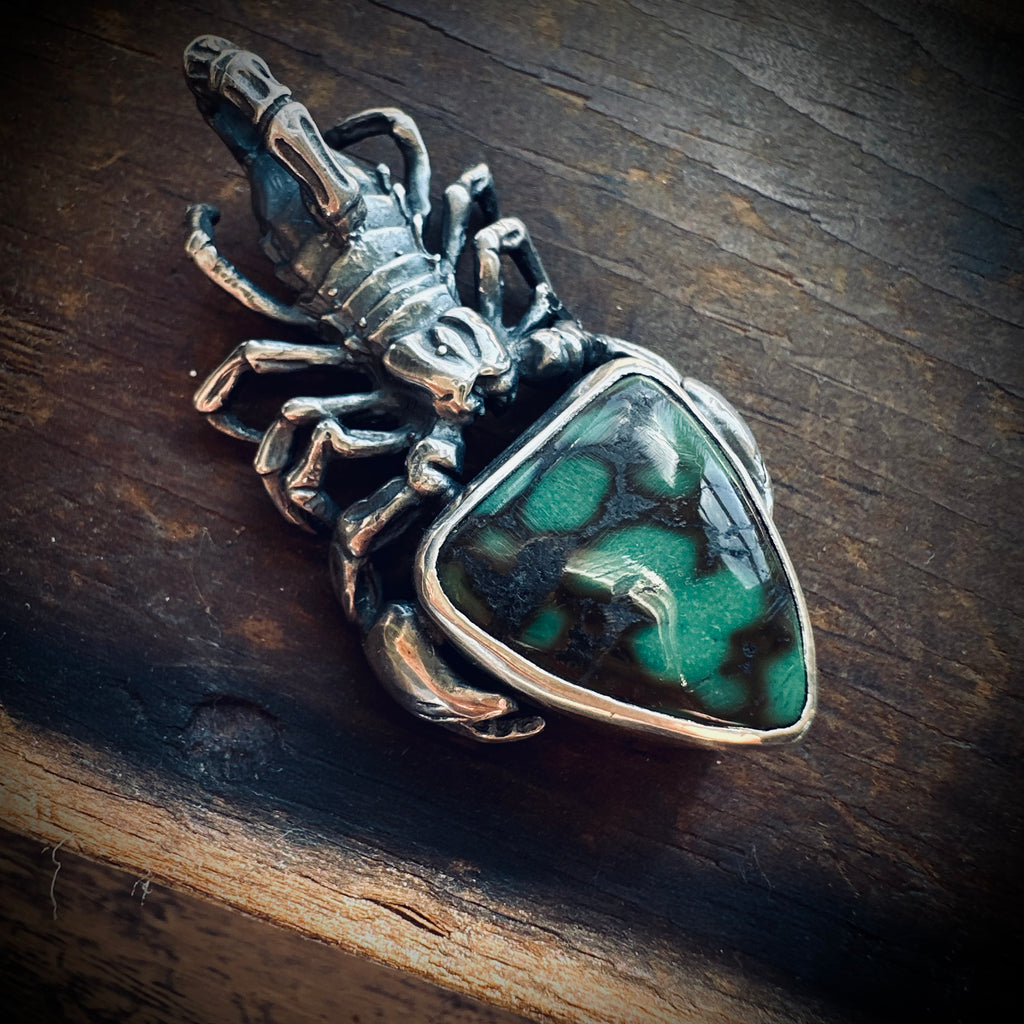 Sterling silver hallmarked scorpion pendant with turquoise