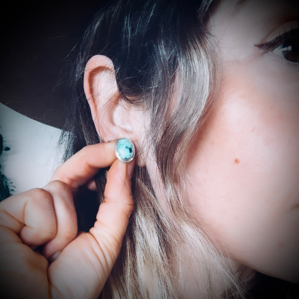 Vintage large turquoise stud earrings in sterling silver