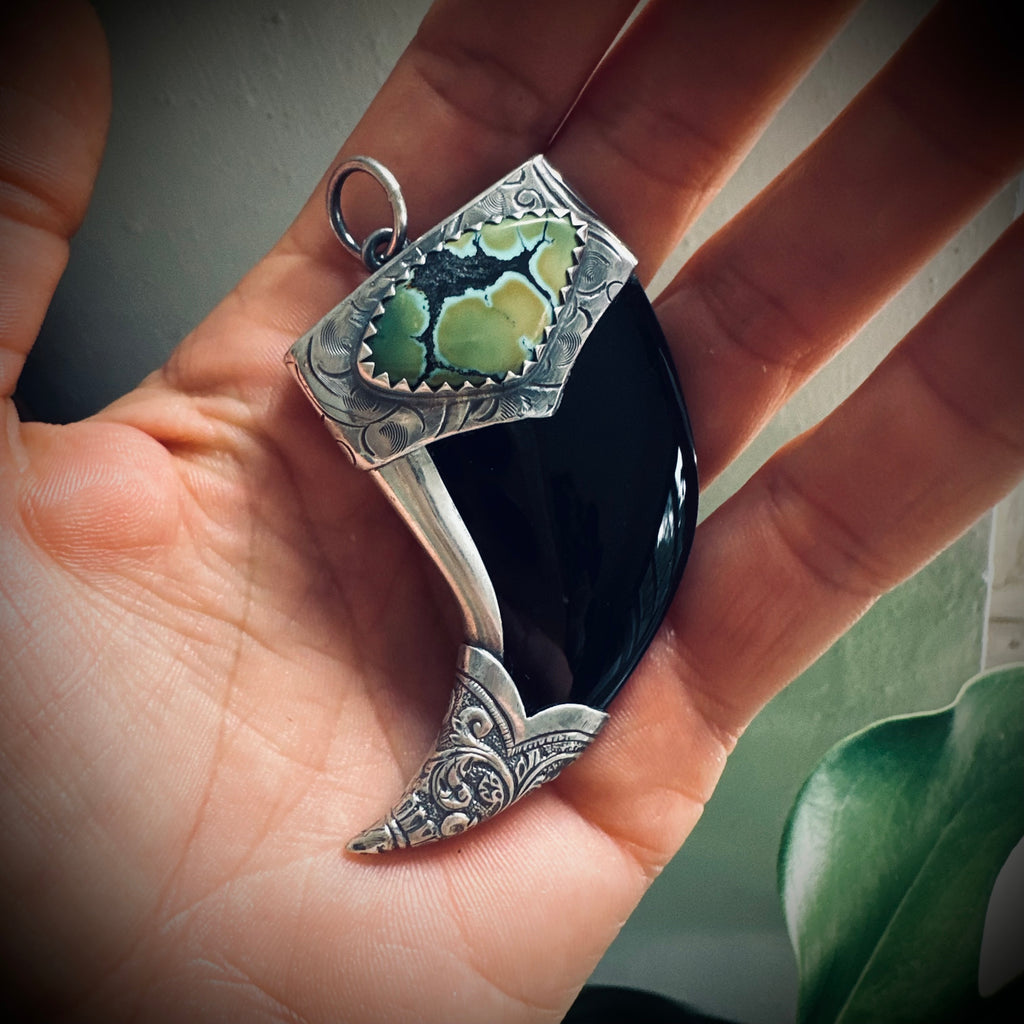 XL Hallmarked sterling silver and turquoise claw pendant in black onyx