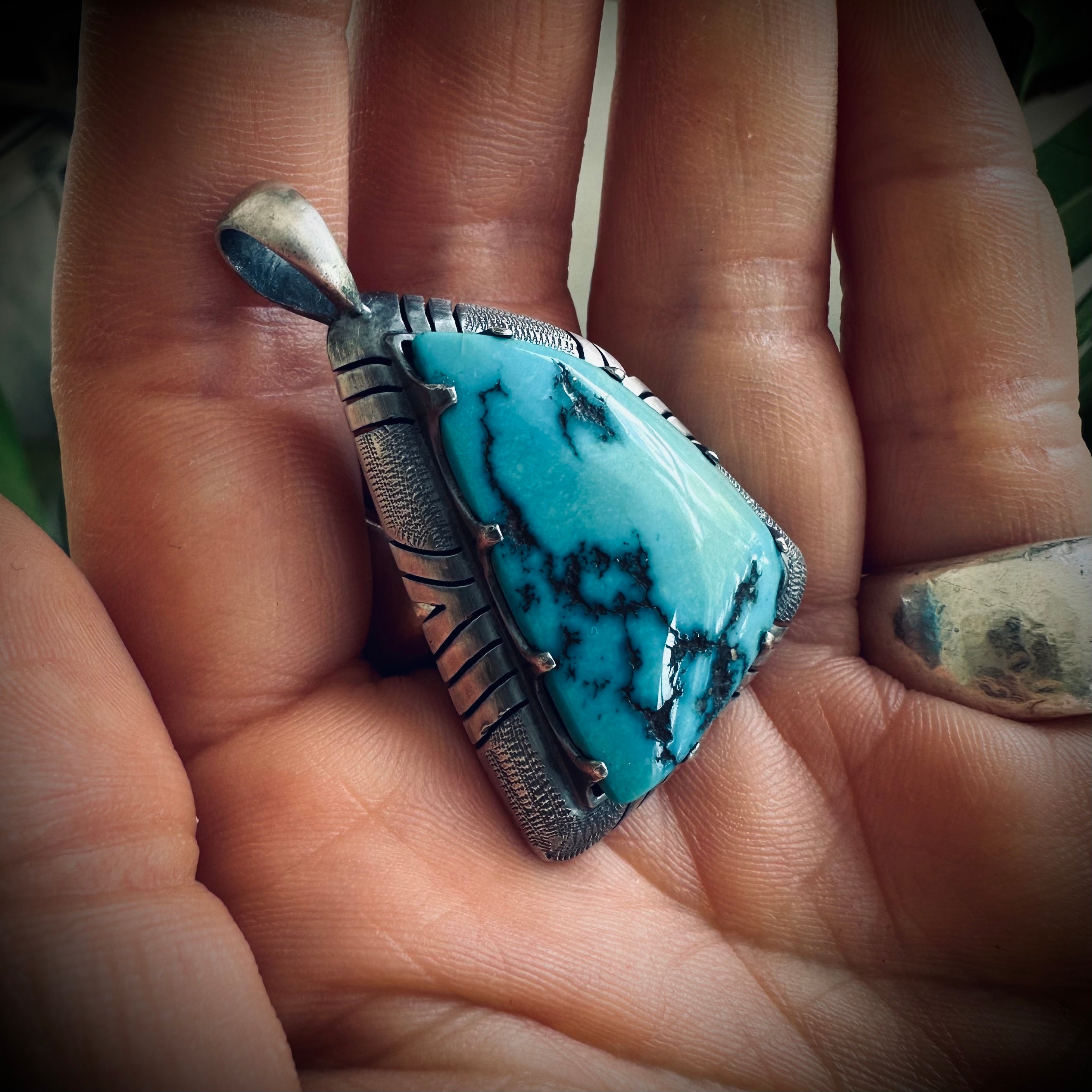 Chunky vintage Native American turquoise pendant in sterling silver