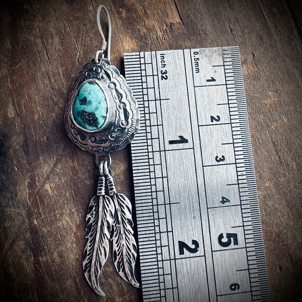 Vintage large statement feather earrings with turquoise in sterling silver