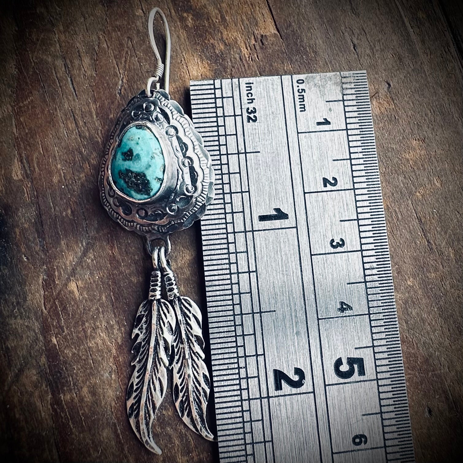 Vintage large statement feather earrings with turquoise in sterling silver