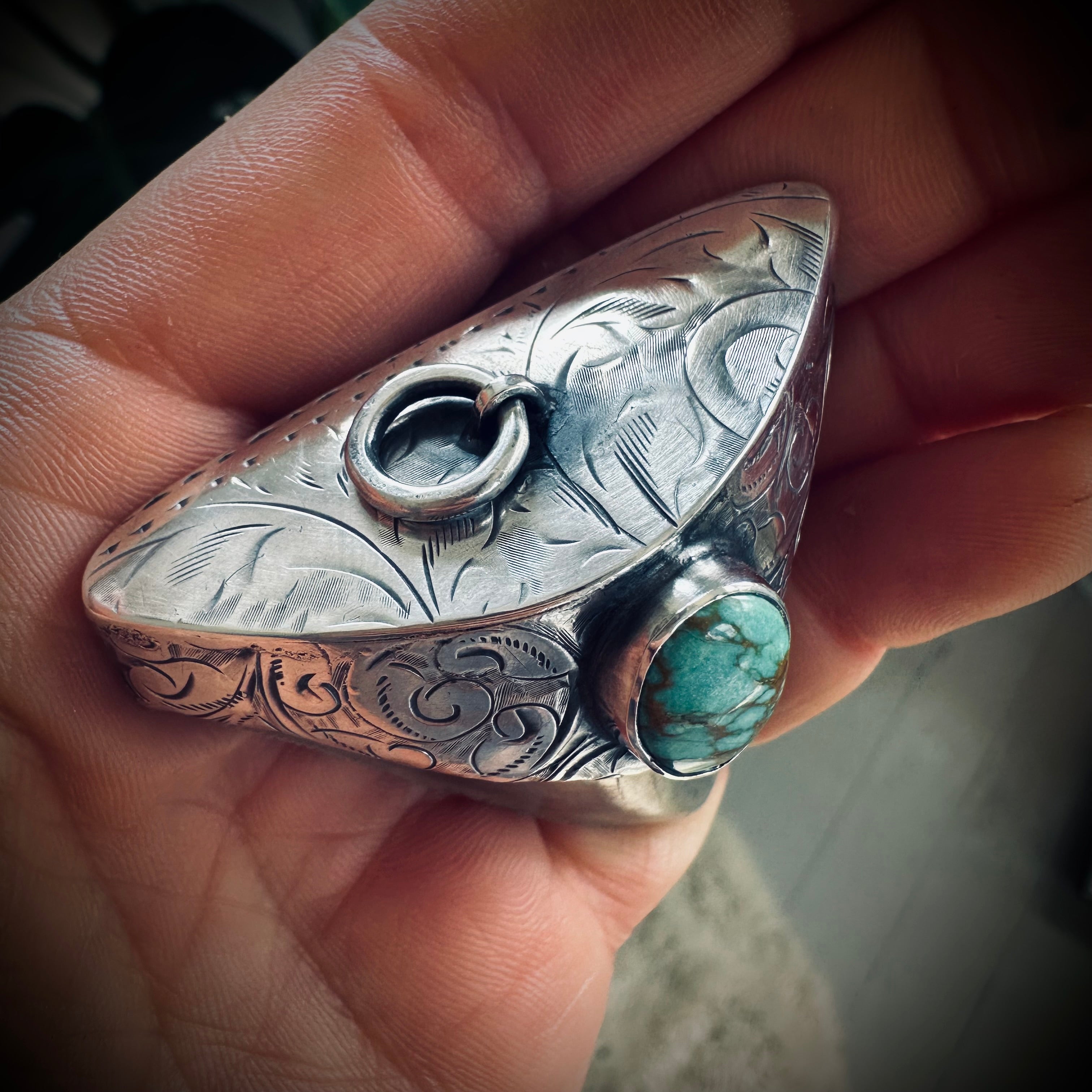 Sterling silver hallmarked fossil shark tooth pendant with turquoise