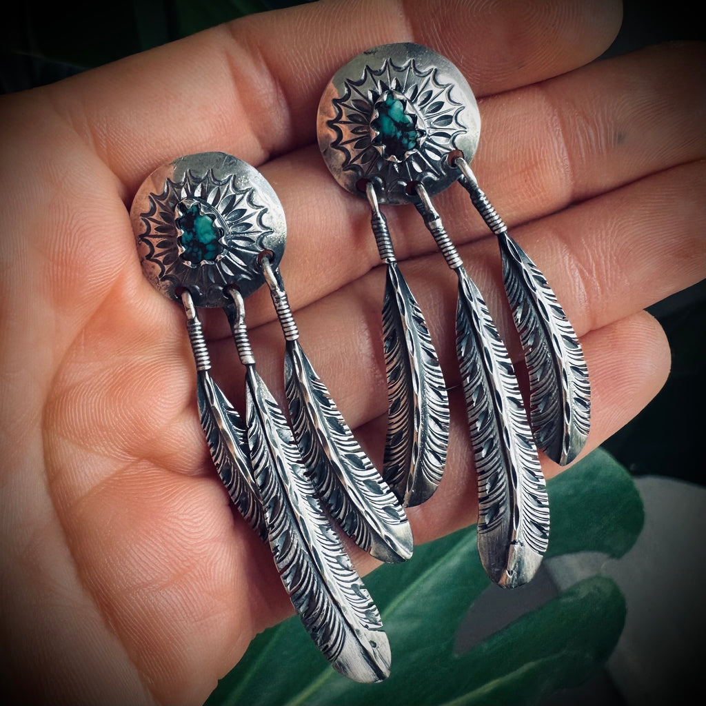 Vintage large statement feather earrings with turquoise in sterling silver