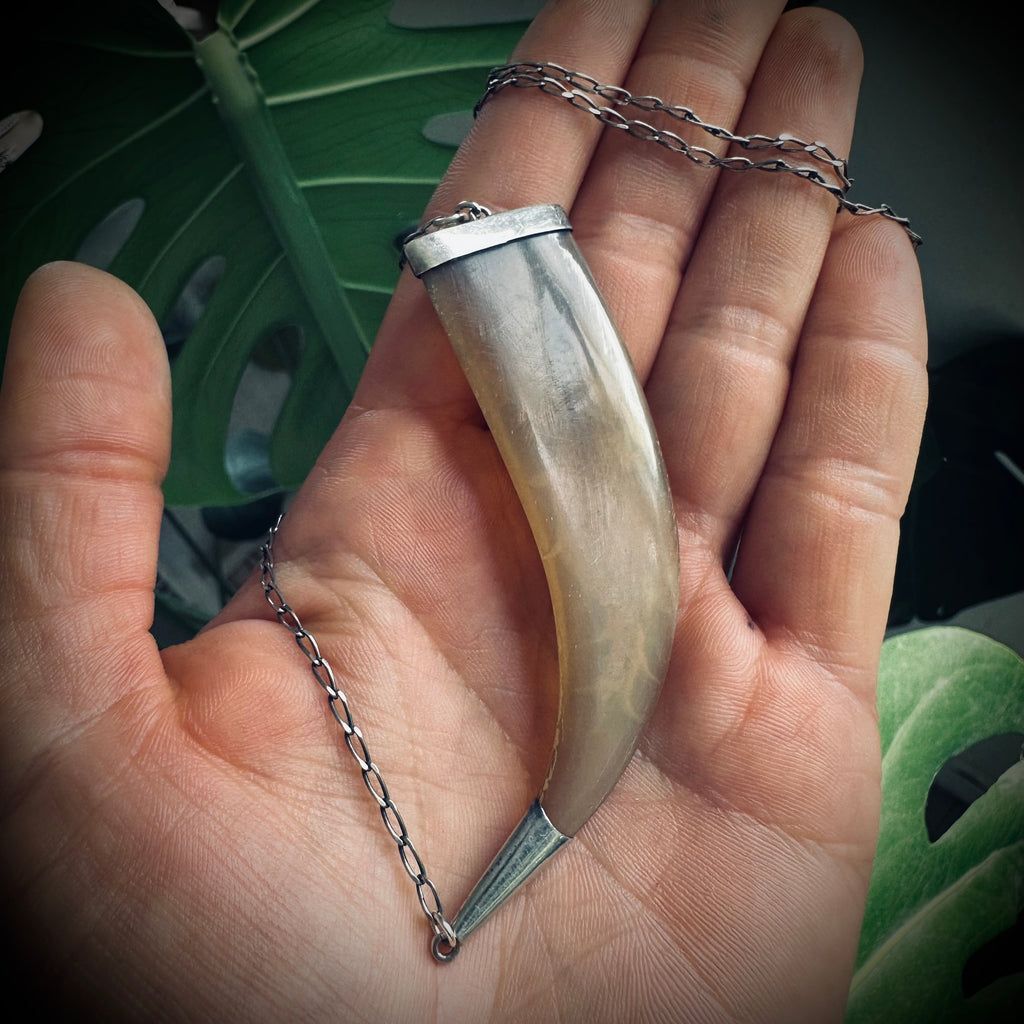 21” reworked vintage horn necklace sterling silver with gorgeous carved dragon