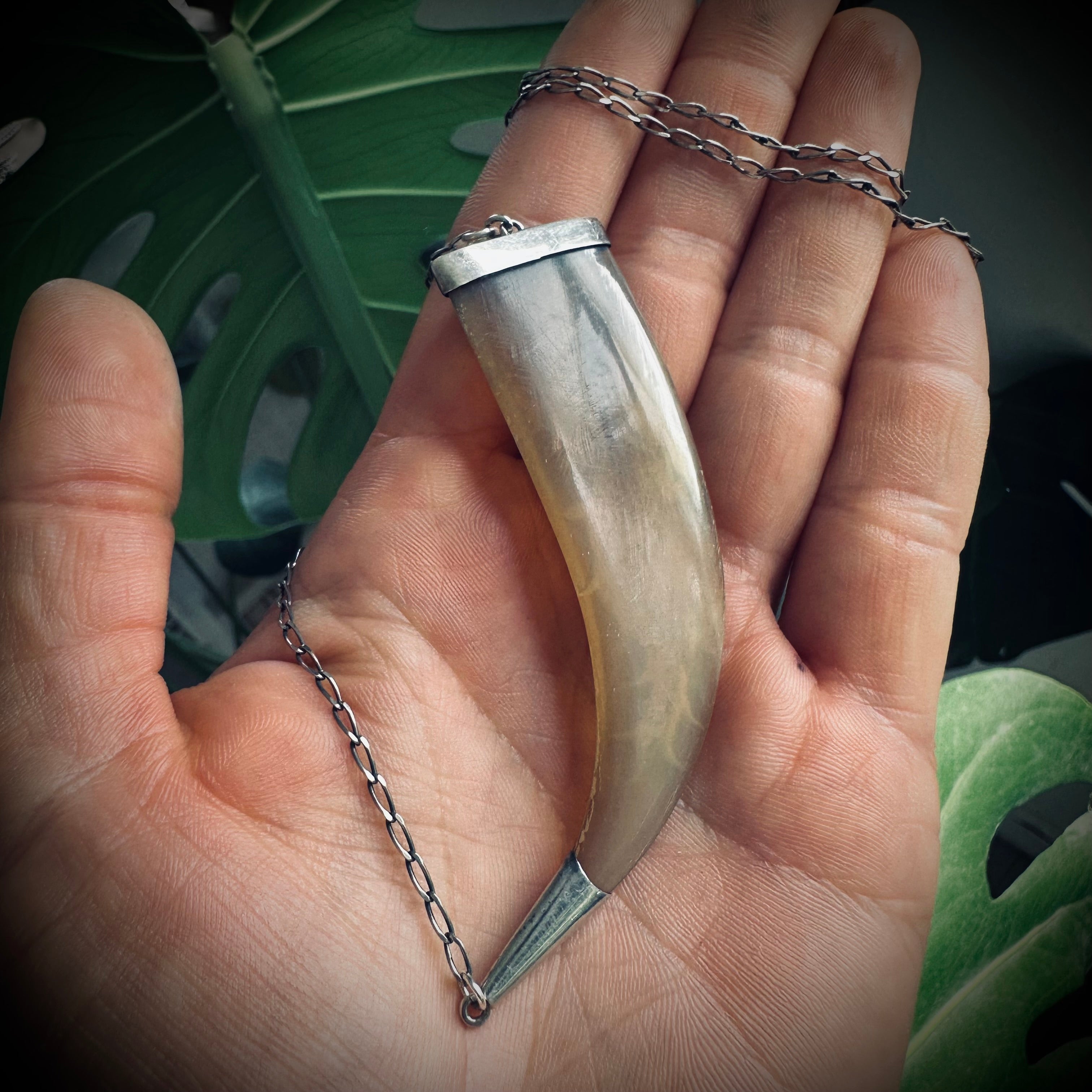 21” reworked vintage horn necklace sterling silver with gorgeous carved dragon