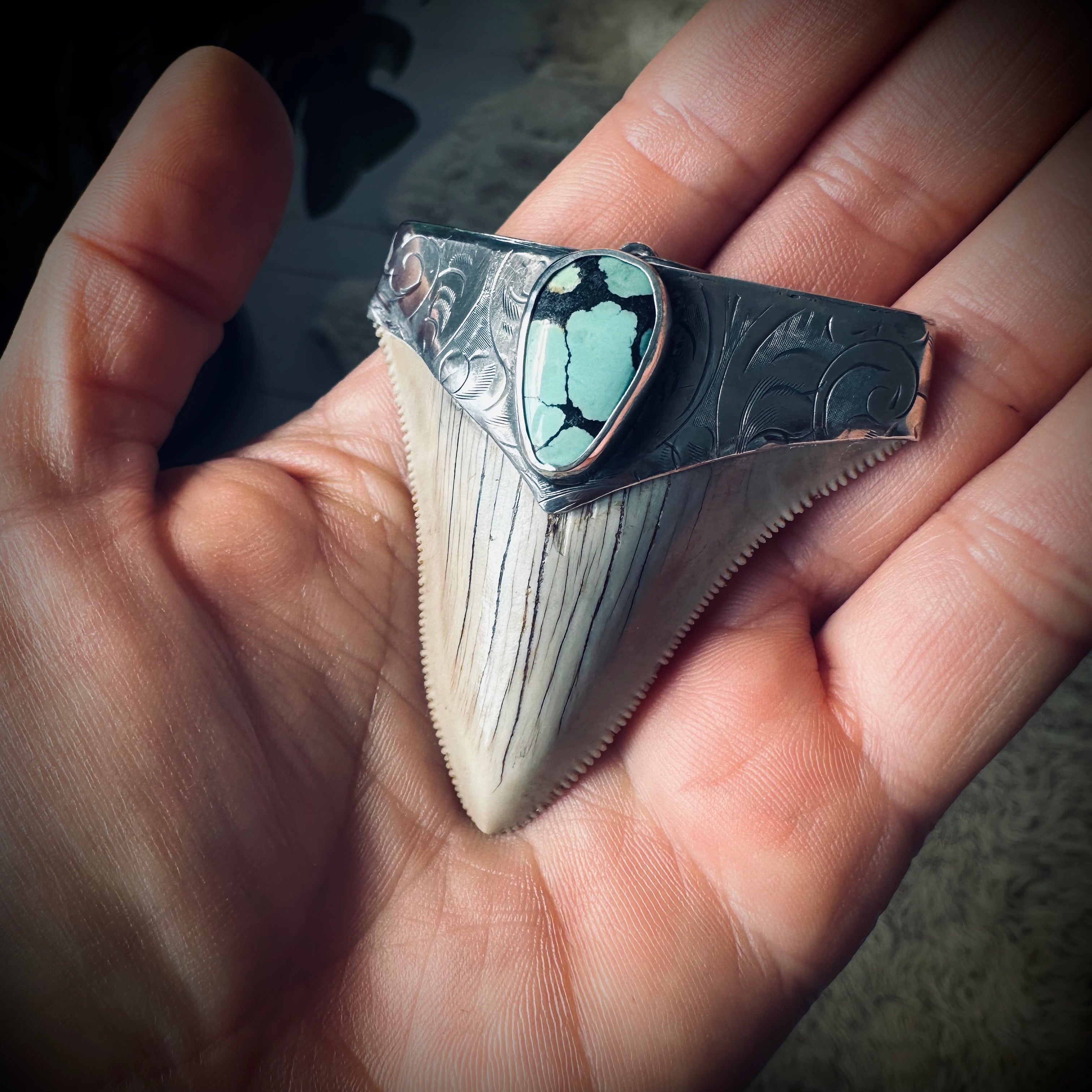 Sterling silver hallmarked fossil shark tooth pendant with turquoise