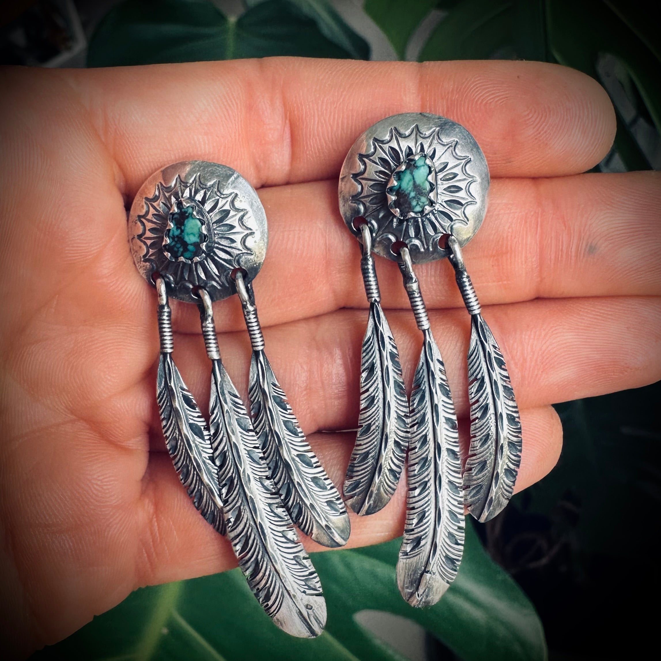 Vintage large statement feather earrings with turquoise in sterling silver