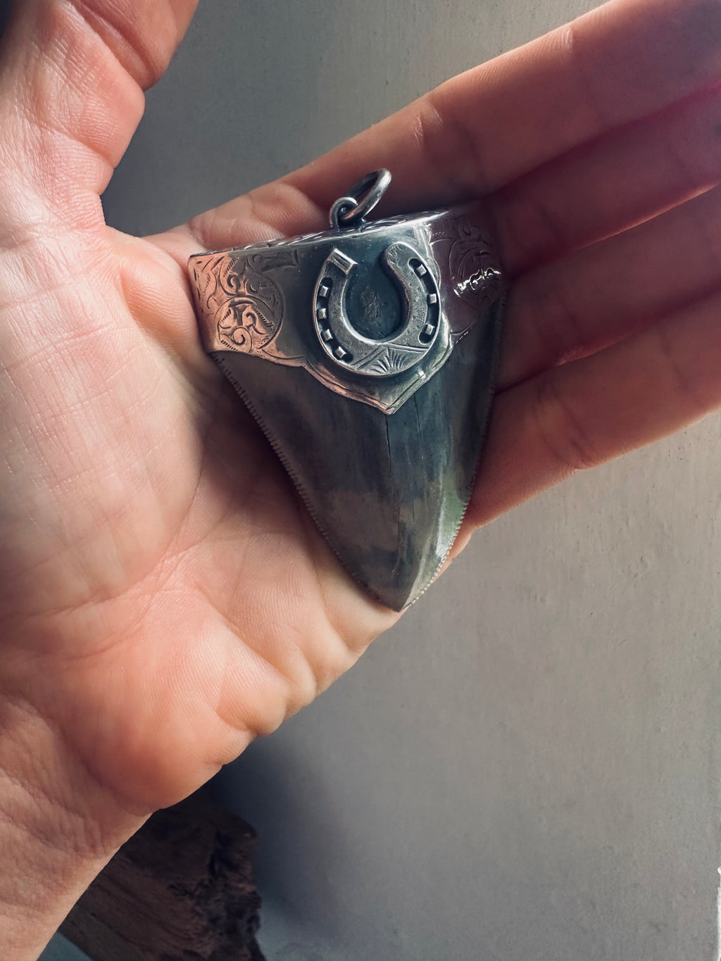 XL Fossilised shark tooth pendant in engraved hallmarked sterling silver