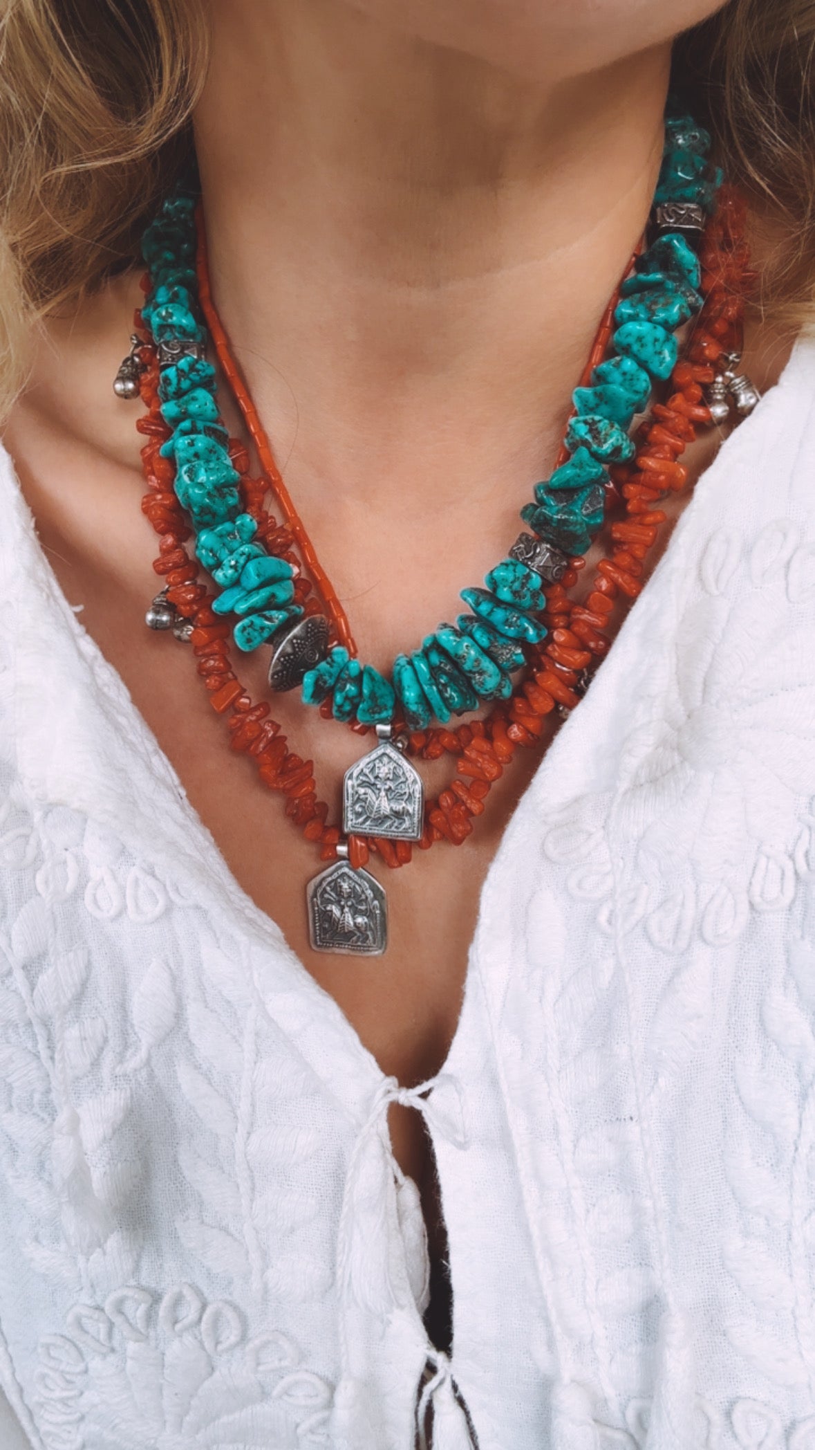 17.5” heavy Vintage nugget turquoise necklace with sterling silver accents