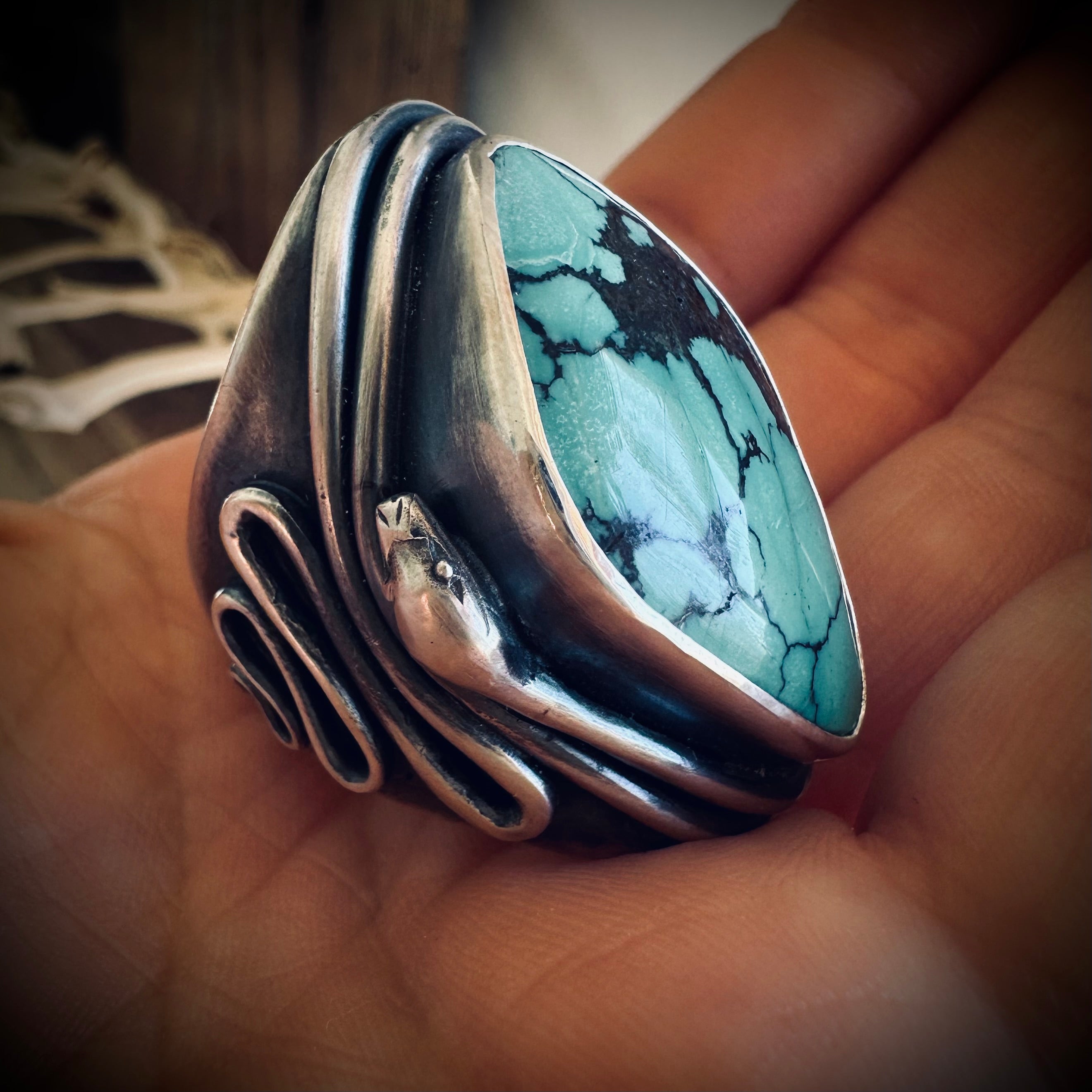 Size 7.5 (O) Sterling silver hallmarked double wrapped snake and turquoise ring