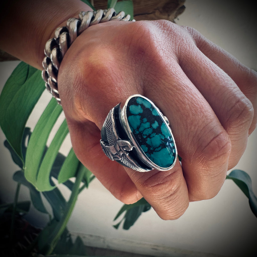Size 8.5 (Q 1/2) Sterling silver hallmarked turquoise winged Isis ring