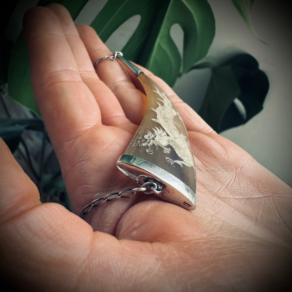 21” reworked vintage horn necklace sterling silver with gorgeous carved dragon