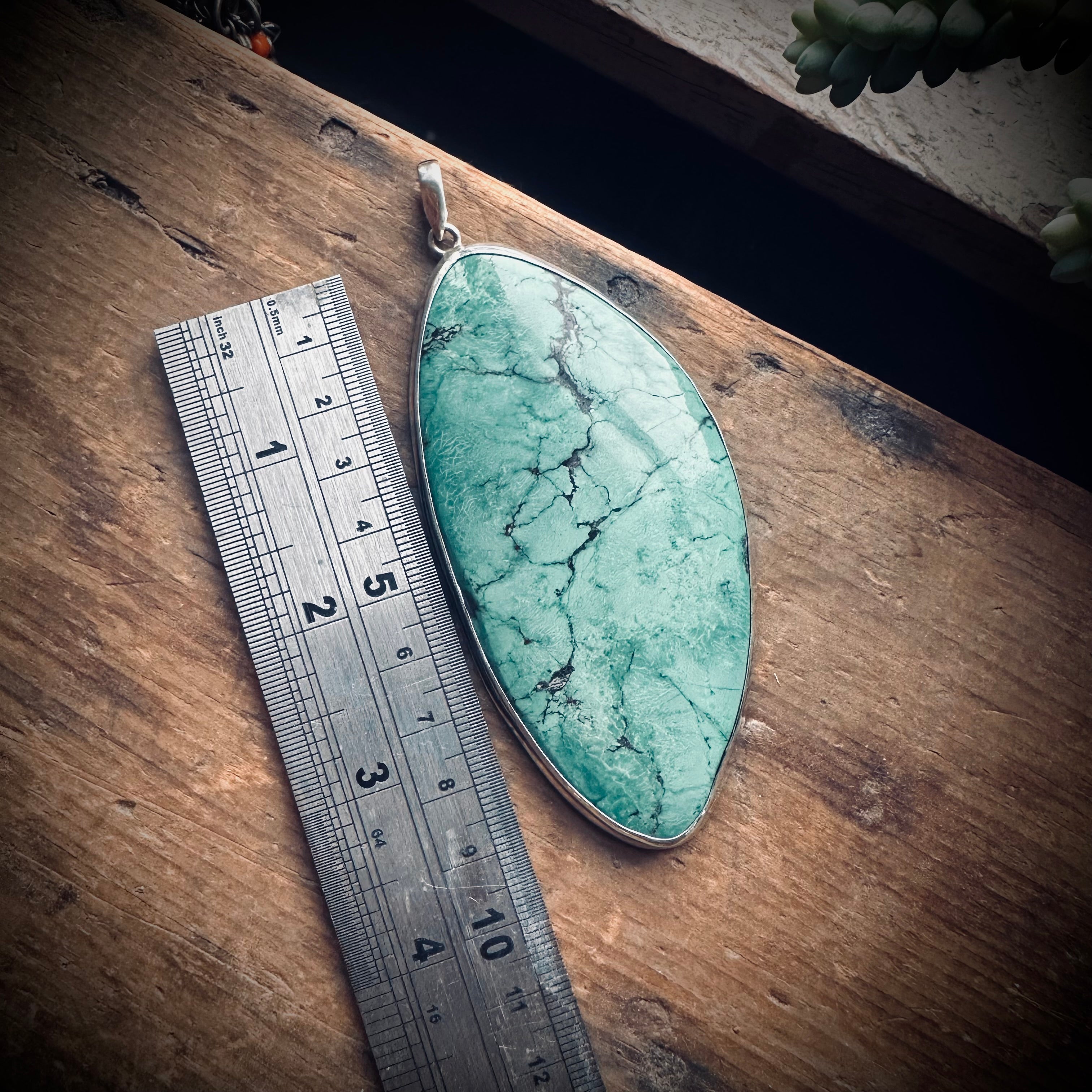 XL vintage freeform turquoise slab pendant in open backed sterling silver setting